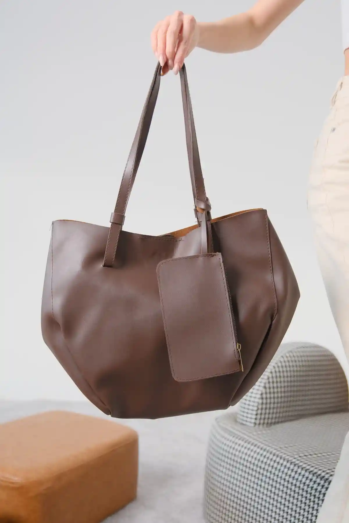 Kahve Cilt Kadın Çanta-Cüzdan-Makyaj Çantası Üçlü Set Çanta