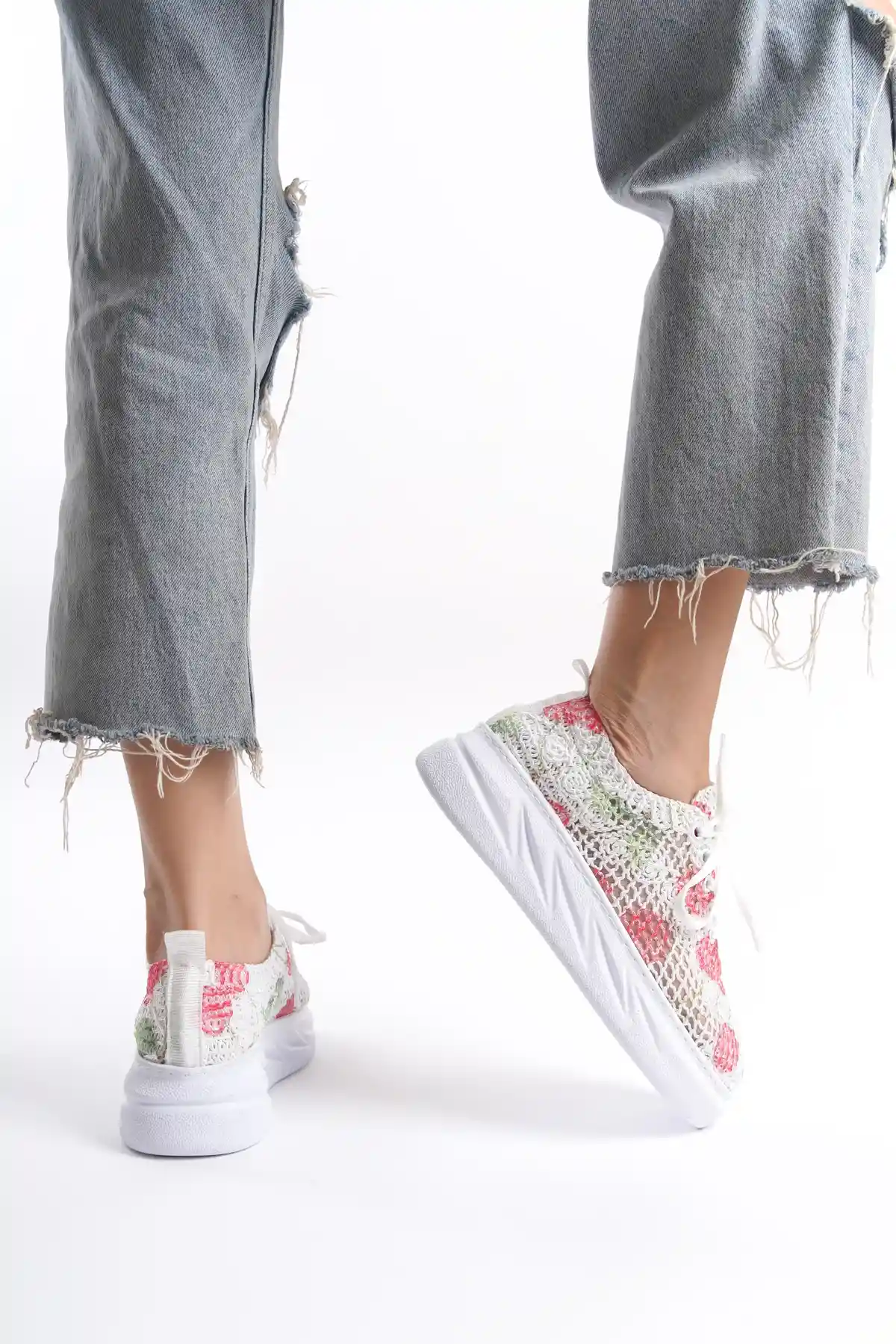 White-Red Womens Lace Sneaker