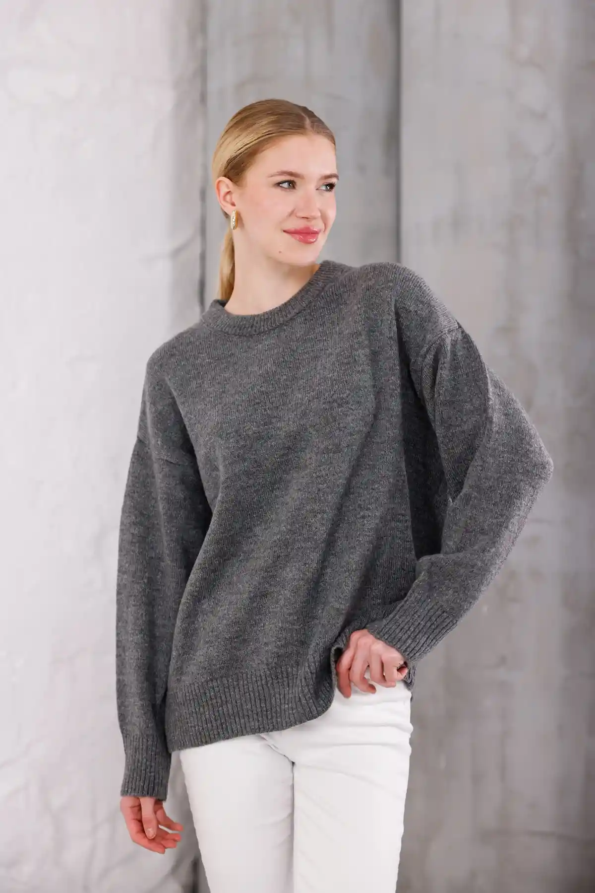 Gri Bisiklet Yaka Oversize Triko Kazak