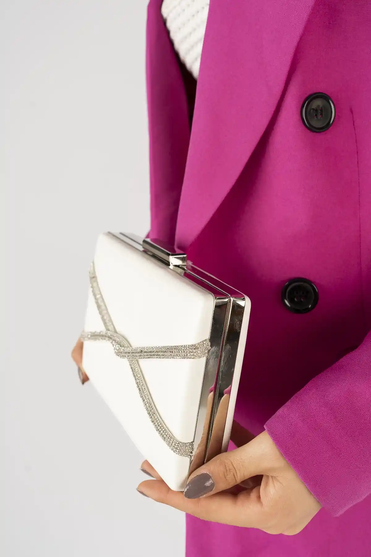 Beyaz Kadın Çapraz Taşlı Abiye Çanta