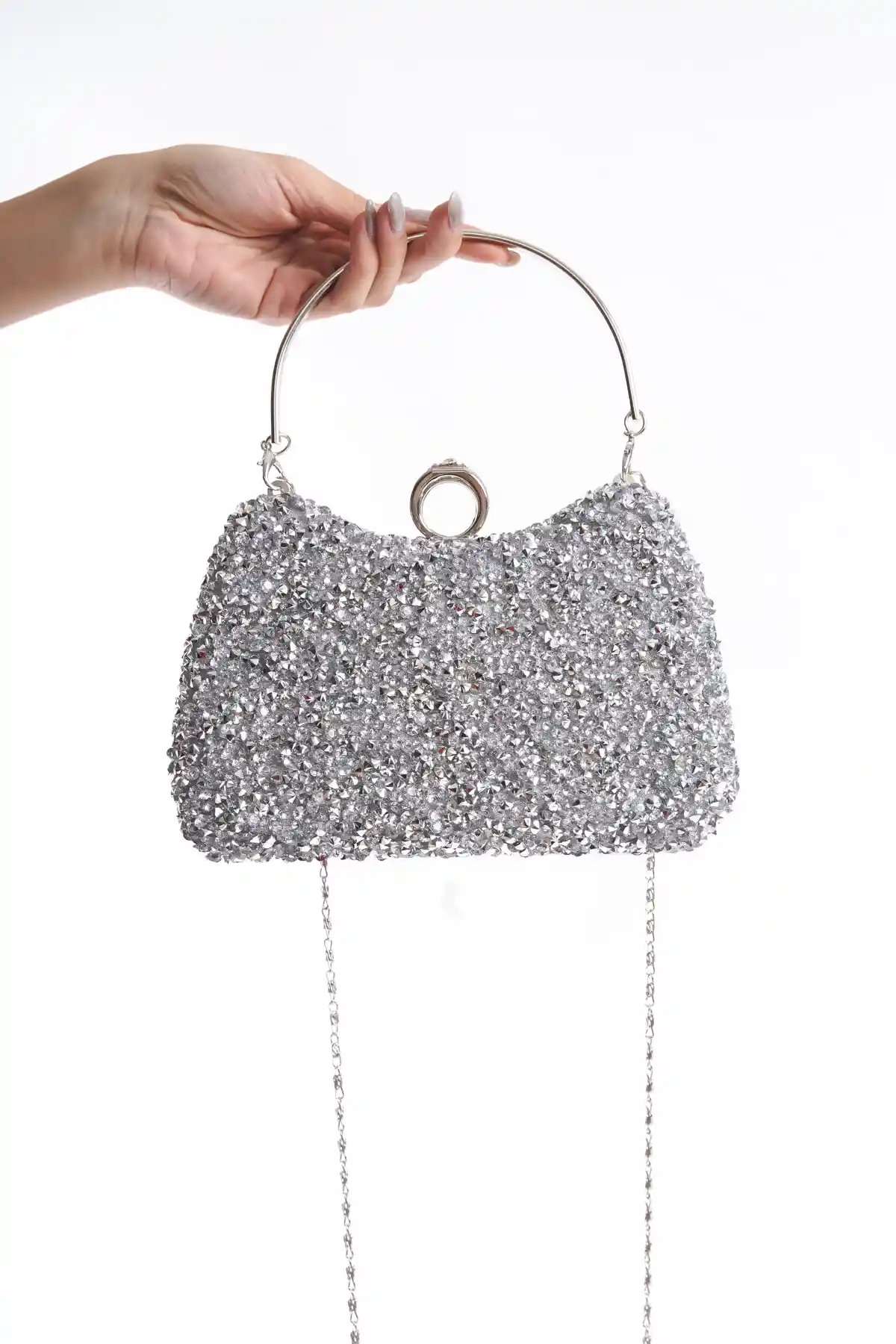 Gümüş-Taşlı Kadın Taş İşlemeli Şık Yüzük Detaylı Kol Ve Omuz Abiye  Çanta