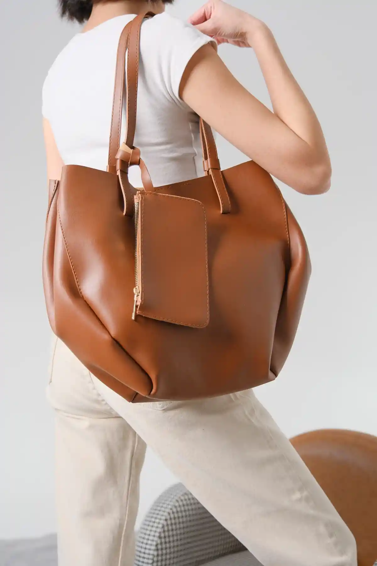 Taba Cilt Kadın Çanta-Cüzdan-Makyaj Çantası Üçlü Set Çanta