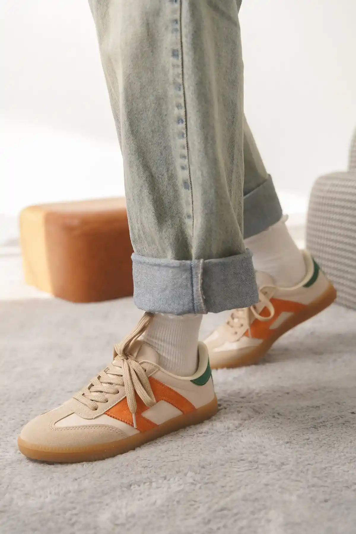 Turuncu-Yeşil Kadın Renk Bloklu Sneaker Ayakkabı