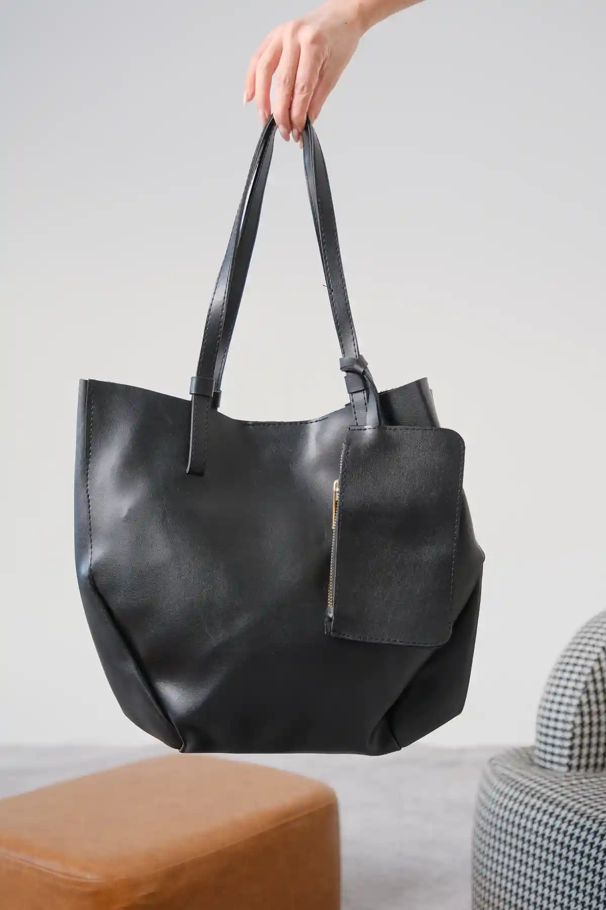 Siyah Cilt Kadın Çanta-Cüzdan-Makyaj Çantası Üçlü Set Çanta