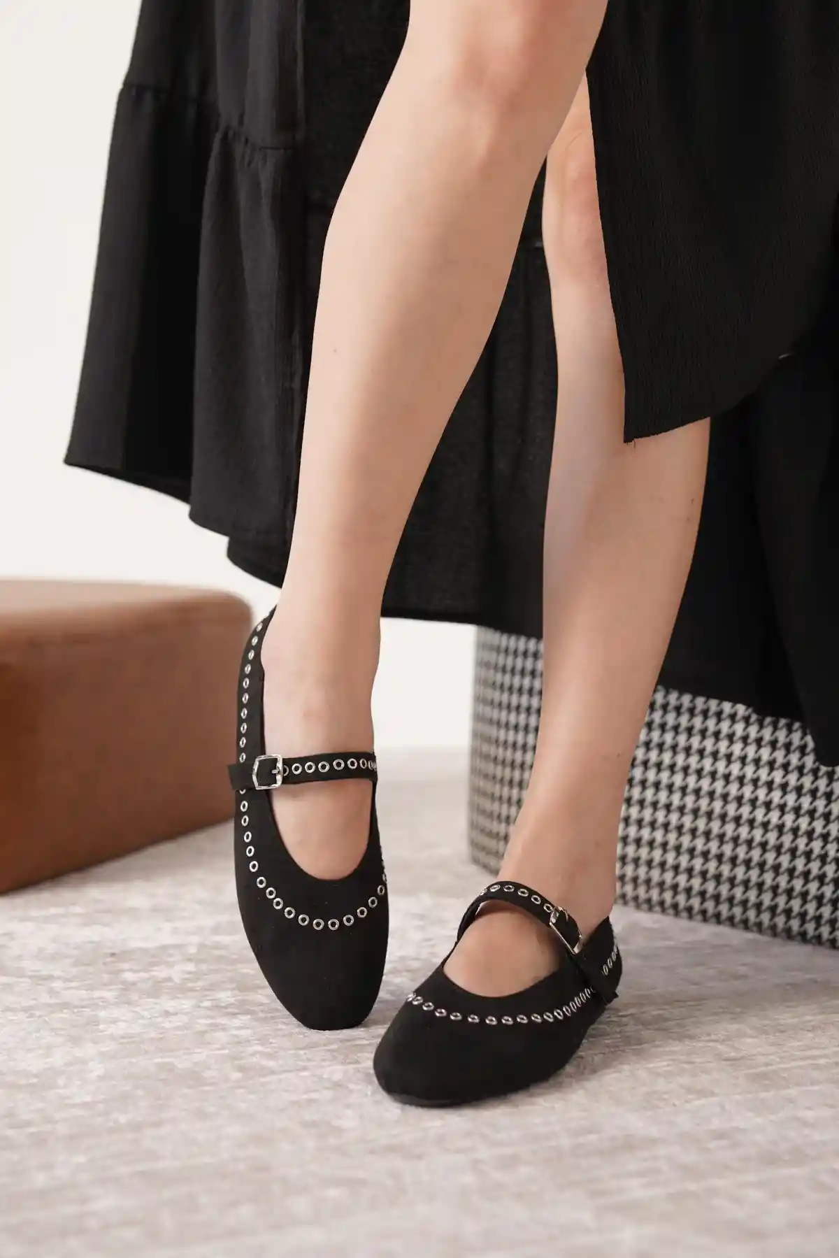 Siyah Süet Kadın Klasik Düz Taban Günlük Şık Babet