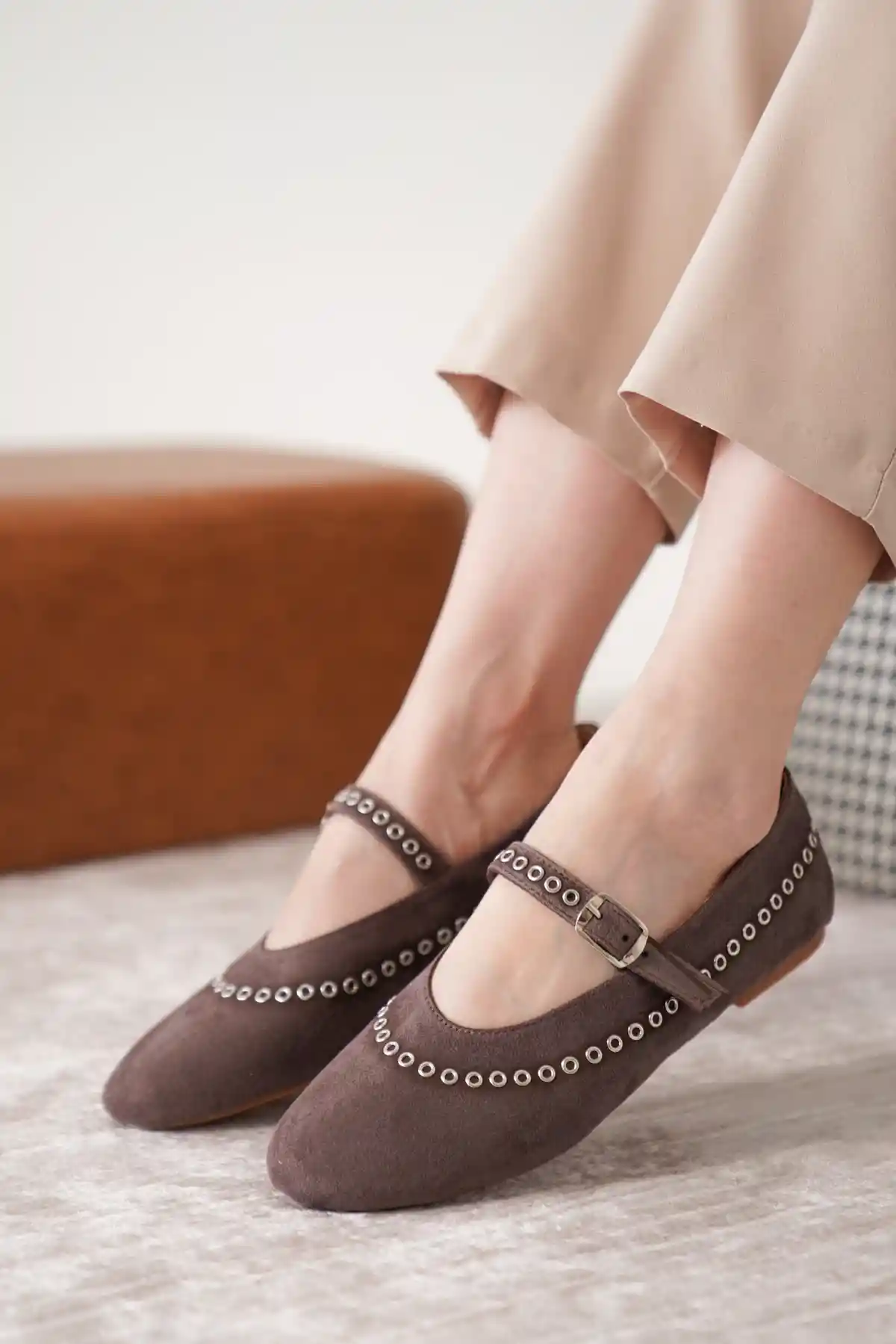 Kahve Süet Kadın Klasik Düz Taban Günlük Şık Babet