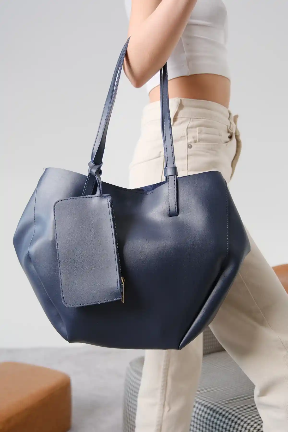 Lacivert Cilt Kadın Çanta-Cüzdan-Makyaj Çantası Üçlü Set Çanta