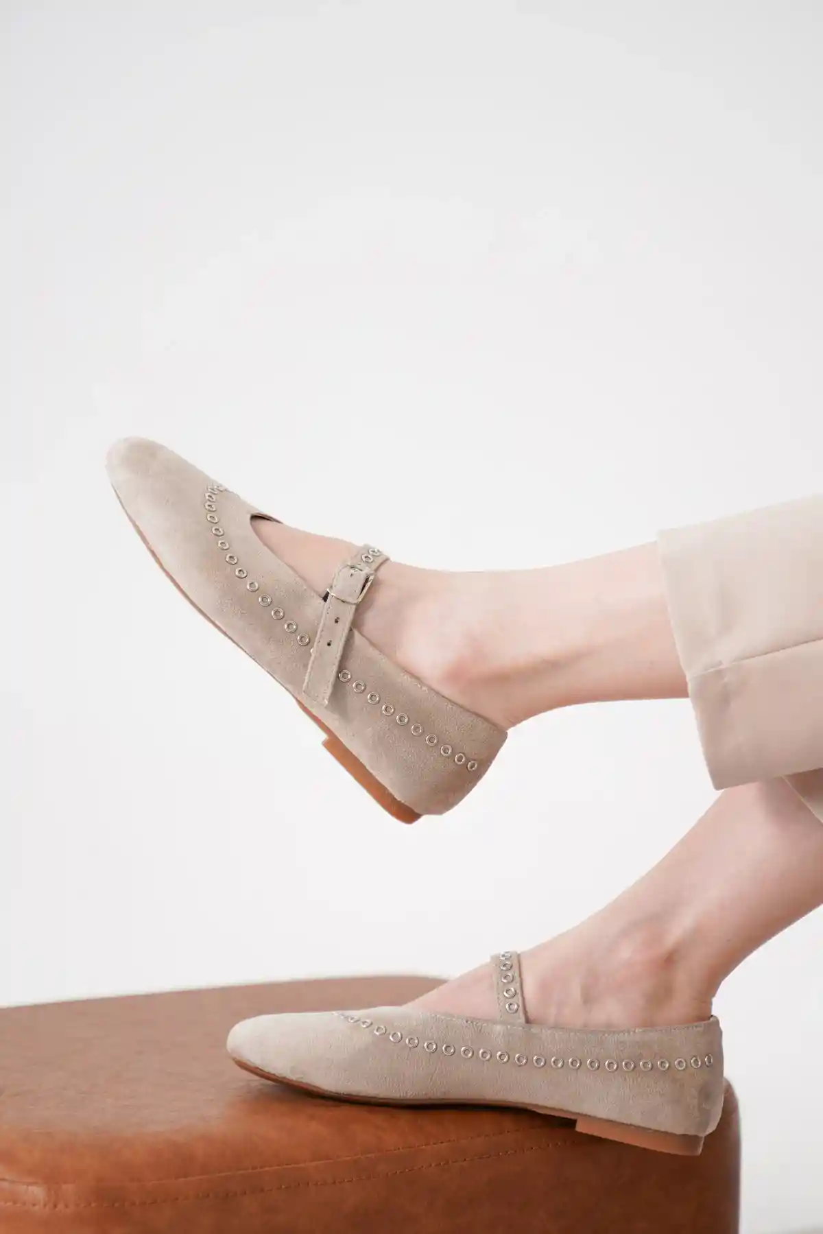 Ten Süet Kadın Klasik Düz Taban Günlük Şık Babet