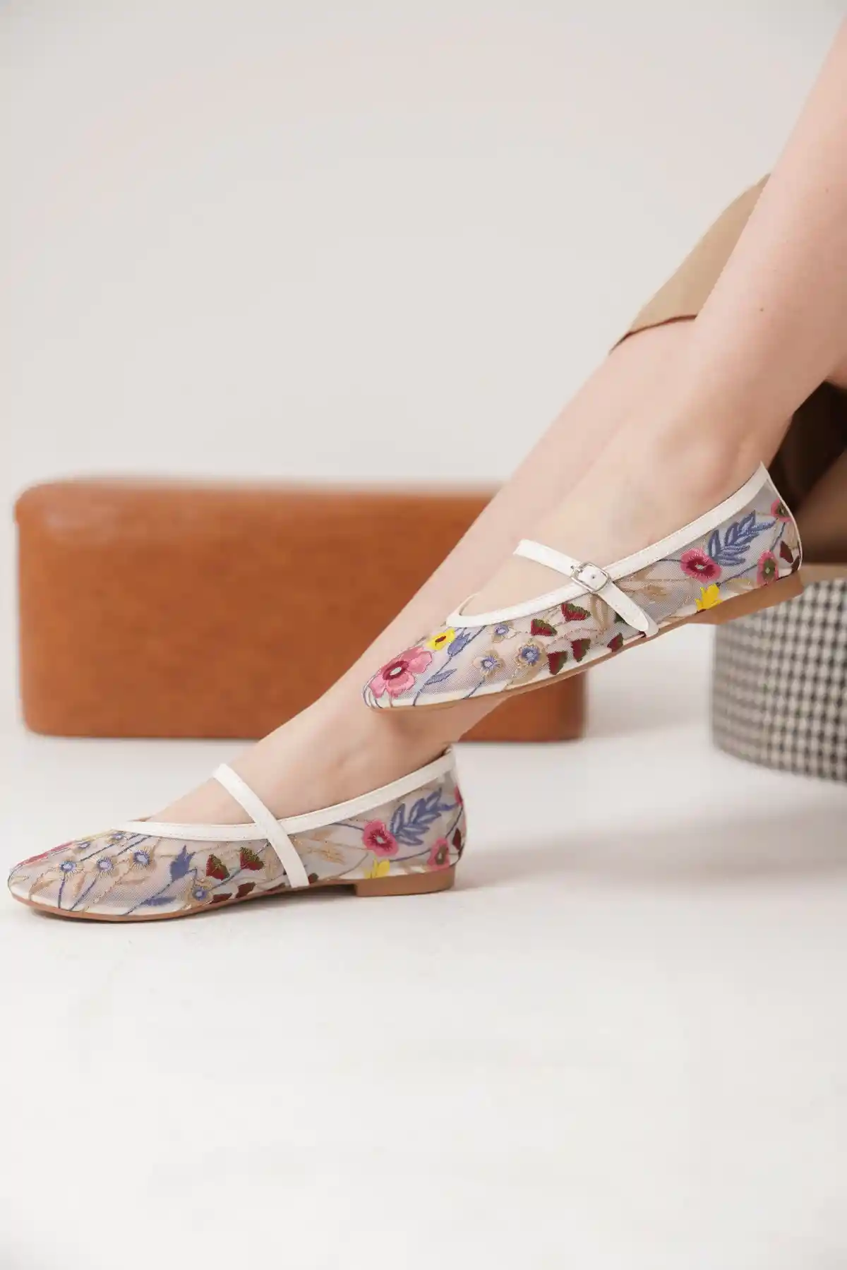 White Womens Floral Embroidered Mesh Ballerina Flat