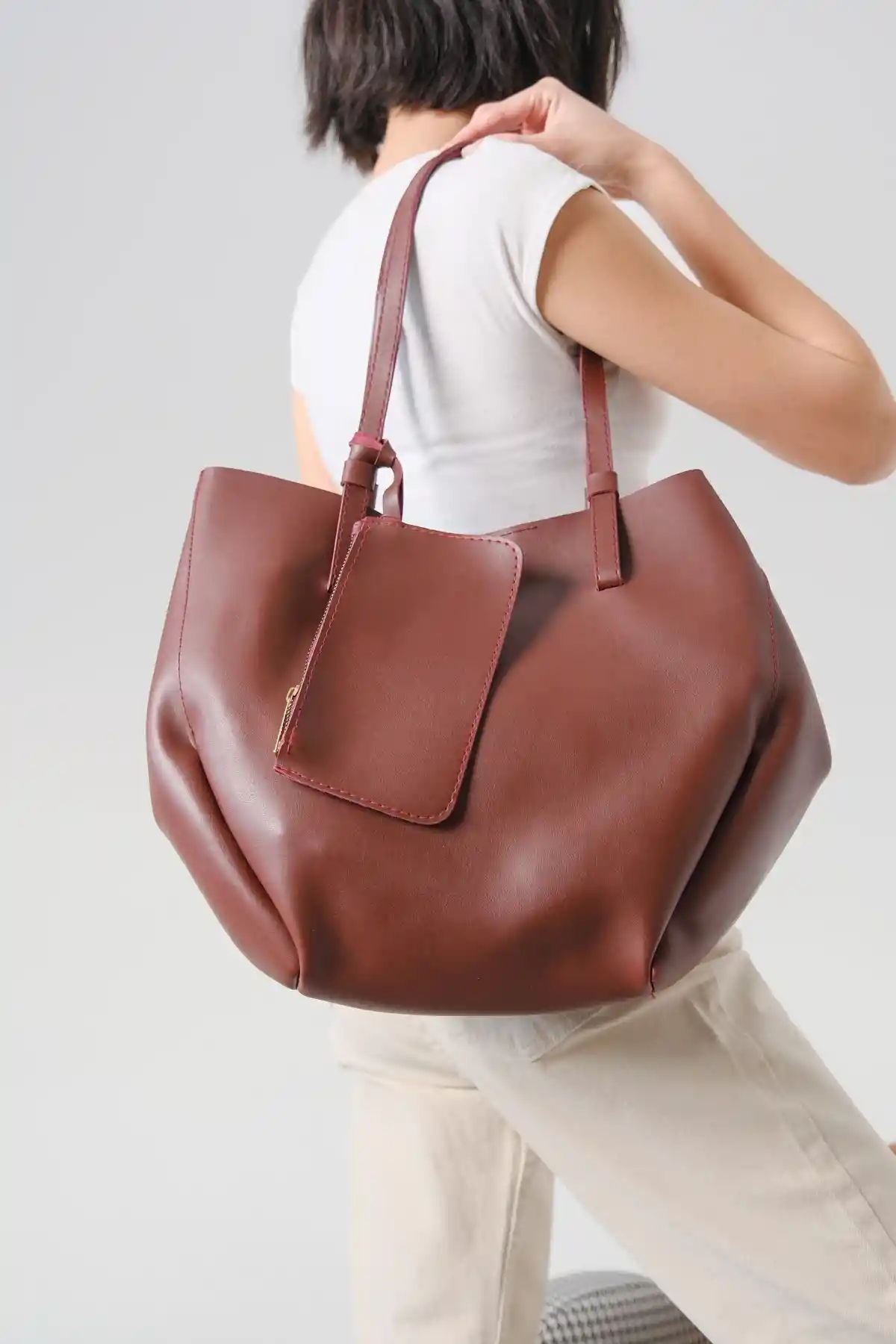 Bordo Cilt Kadın Çanta-Cüzdan-Makyaj Çantası Üçlü Set Çanta