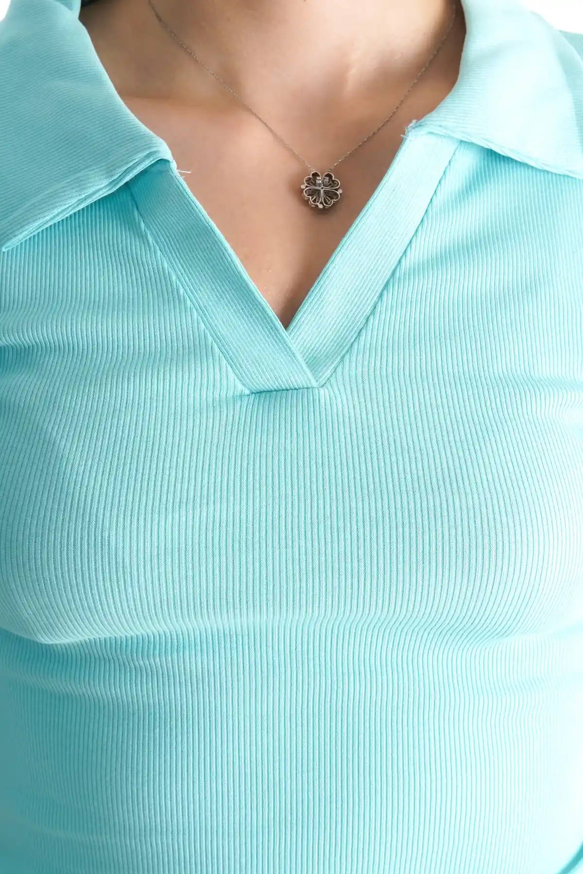 Aqua Green Womens Polo Neck Ribbed T-Shirt