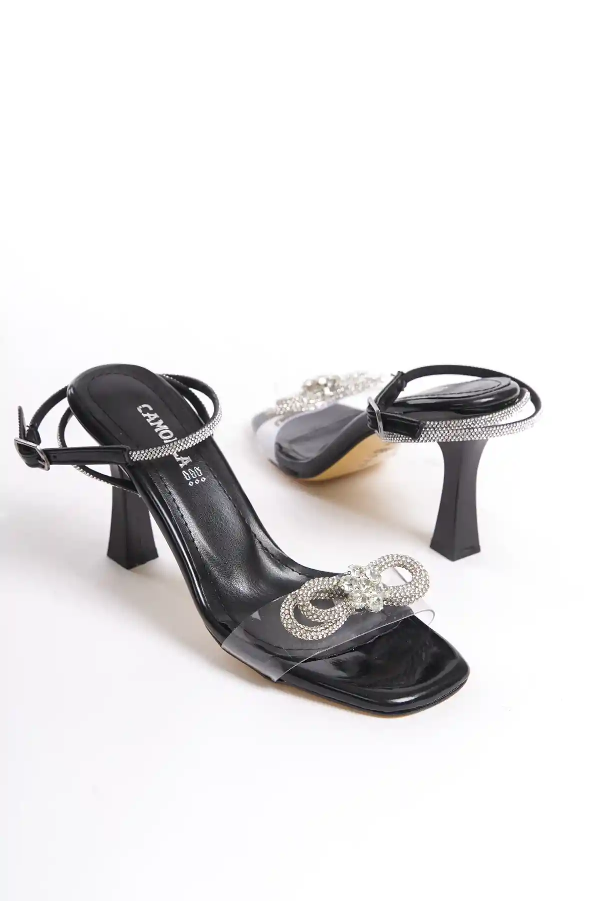 Siyah Kadın Bilekten Bağlamalı Fiyonk Taşlı Şeffaf Topuklu Ayakkabı