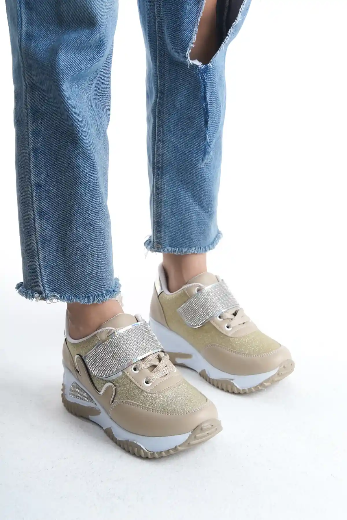 Altın Simli Kadın Simli Bağcıklı Sneaker
