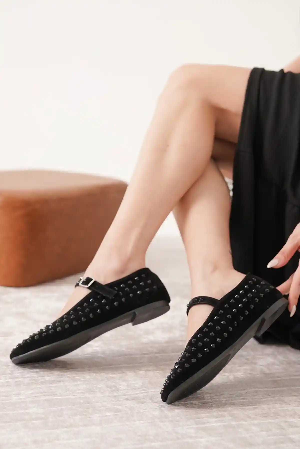 Siyah Taşlı Siyah Süet Kadın Klasik Düz Taban Günlük Şık Babet