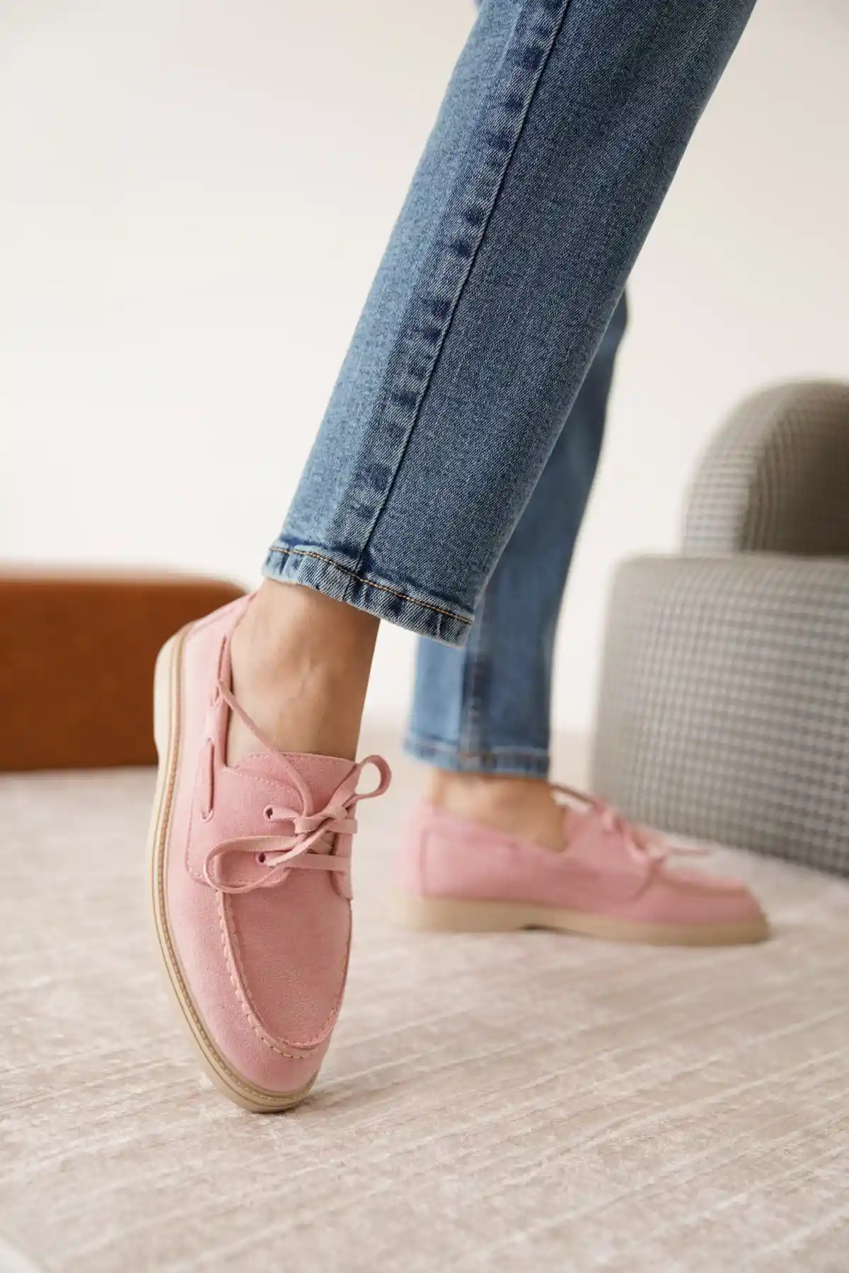Pembe Süet Kadın Düz Bağcıklı Loafer Ayakkabı