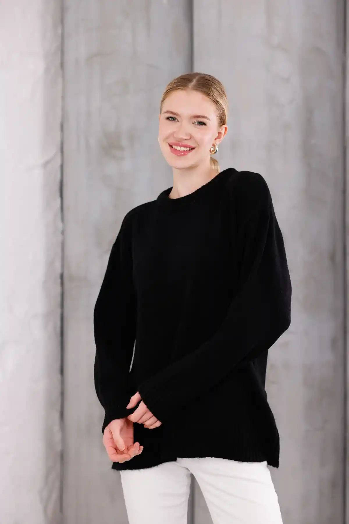 Siyah Bisiklet Yaka Oversize Triko Kazak