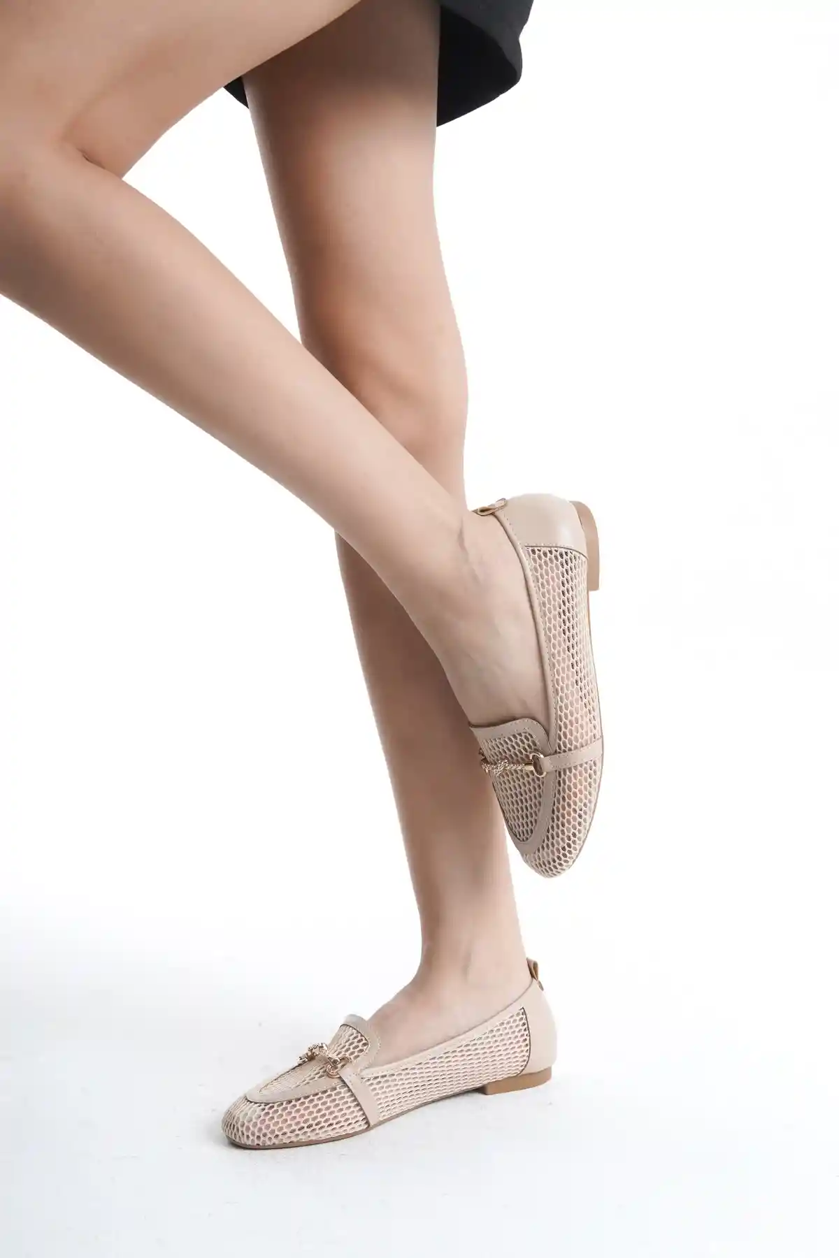 ten Kadın Fileli Gold Tokalı Kısa Günlük Şık Topuklu Babet