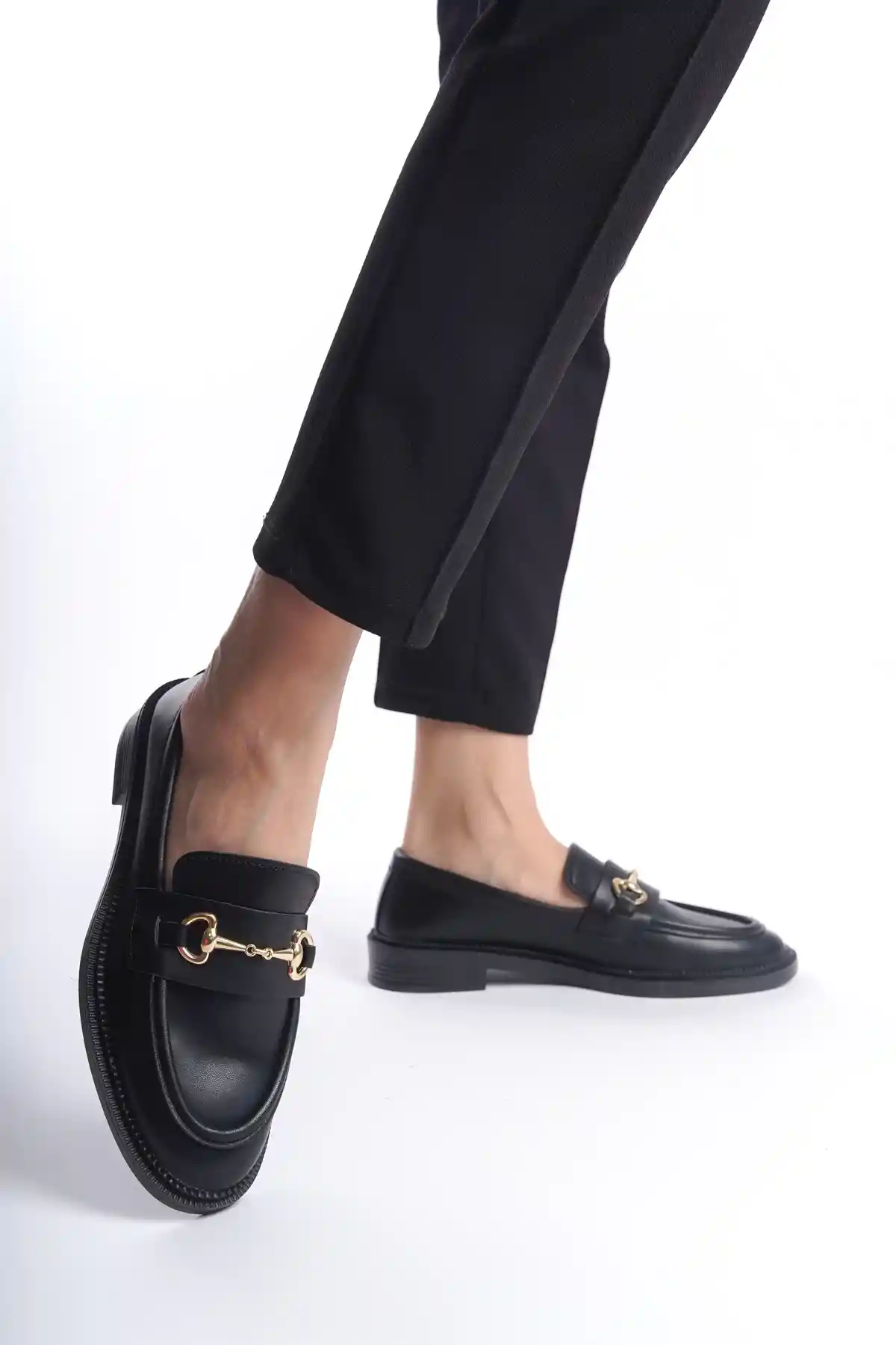 Black Leather Womens Buckled Loafer Casual Shoes
