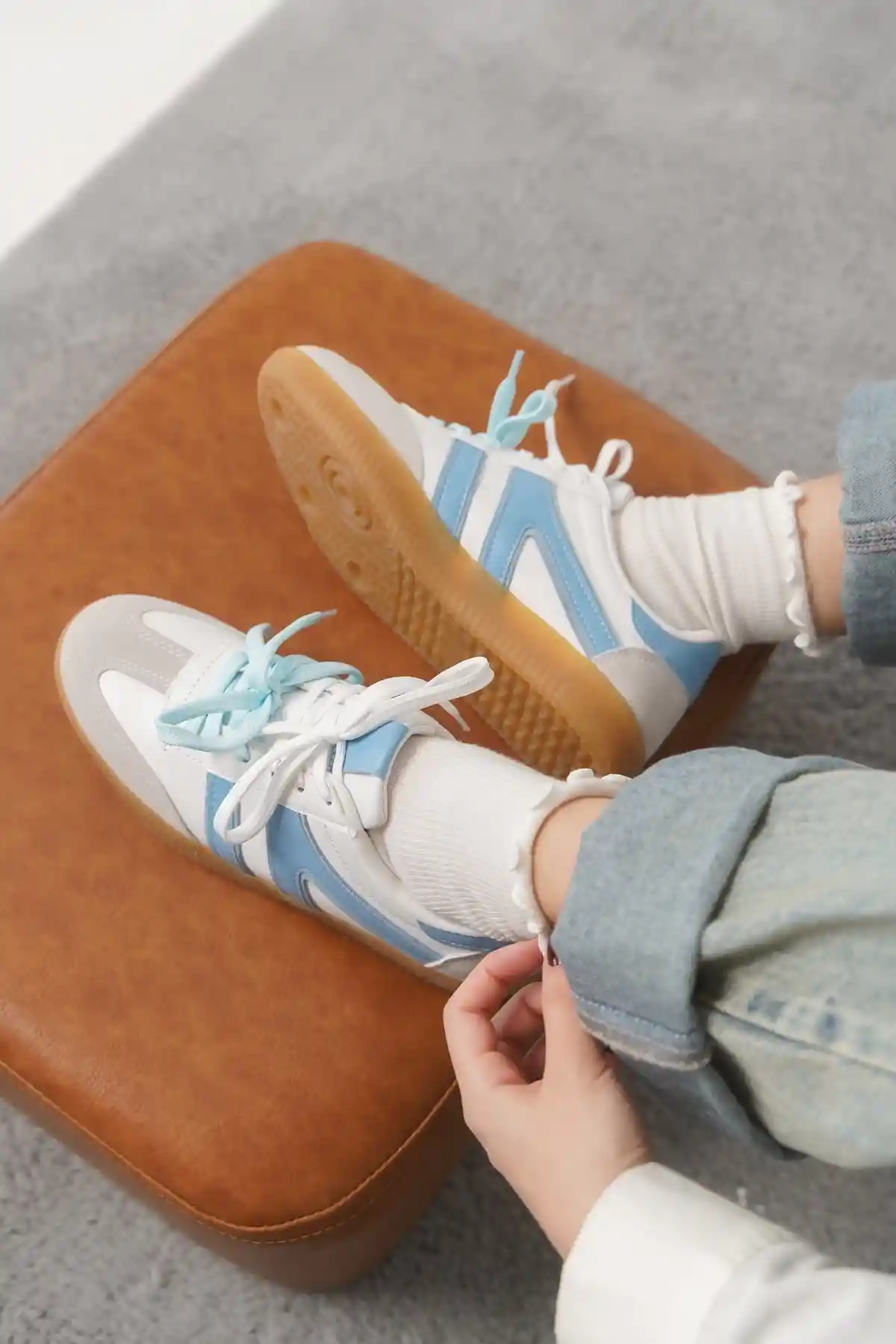 Beyaz-Mavi Kadın Çift Bağcıklı Kaymaz Taban Sneaker Ayakkabı