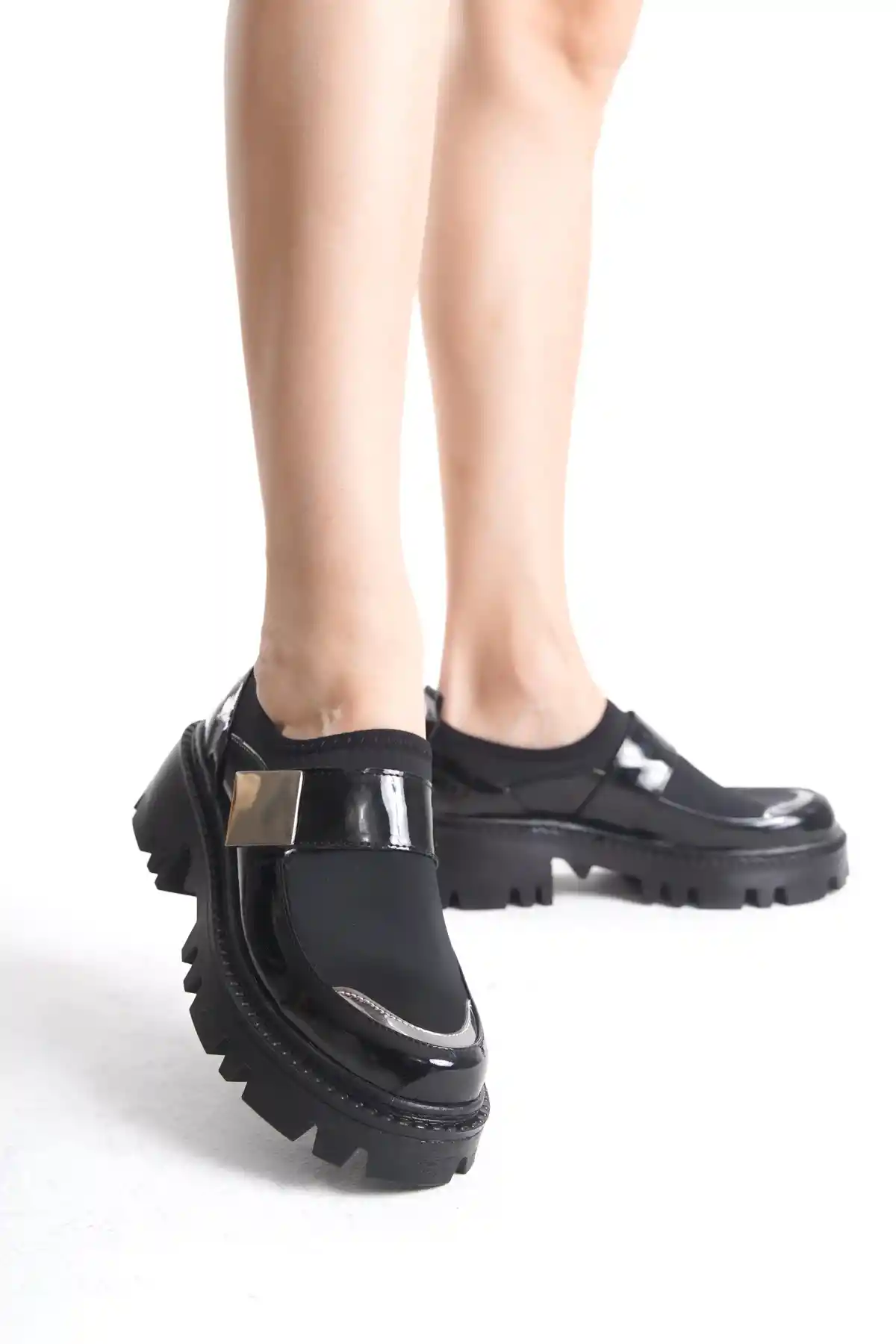 Siyah Rugan Kadın Dalgıç Kumaş Kemerli Kalın Tabanlı Günlük Ayakkabı