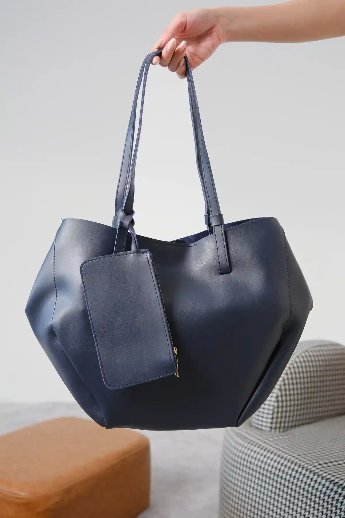 Lacivert Cilt Kadın Çanta-Cüzdan-Makyaj Çantası Üçlü Set Çanta