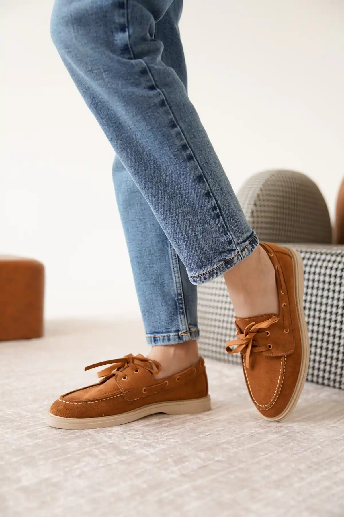 Taba Süet Kadın Düz Bağcıklı Loafer Ayakkabı