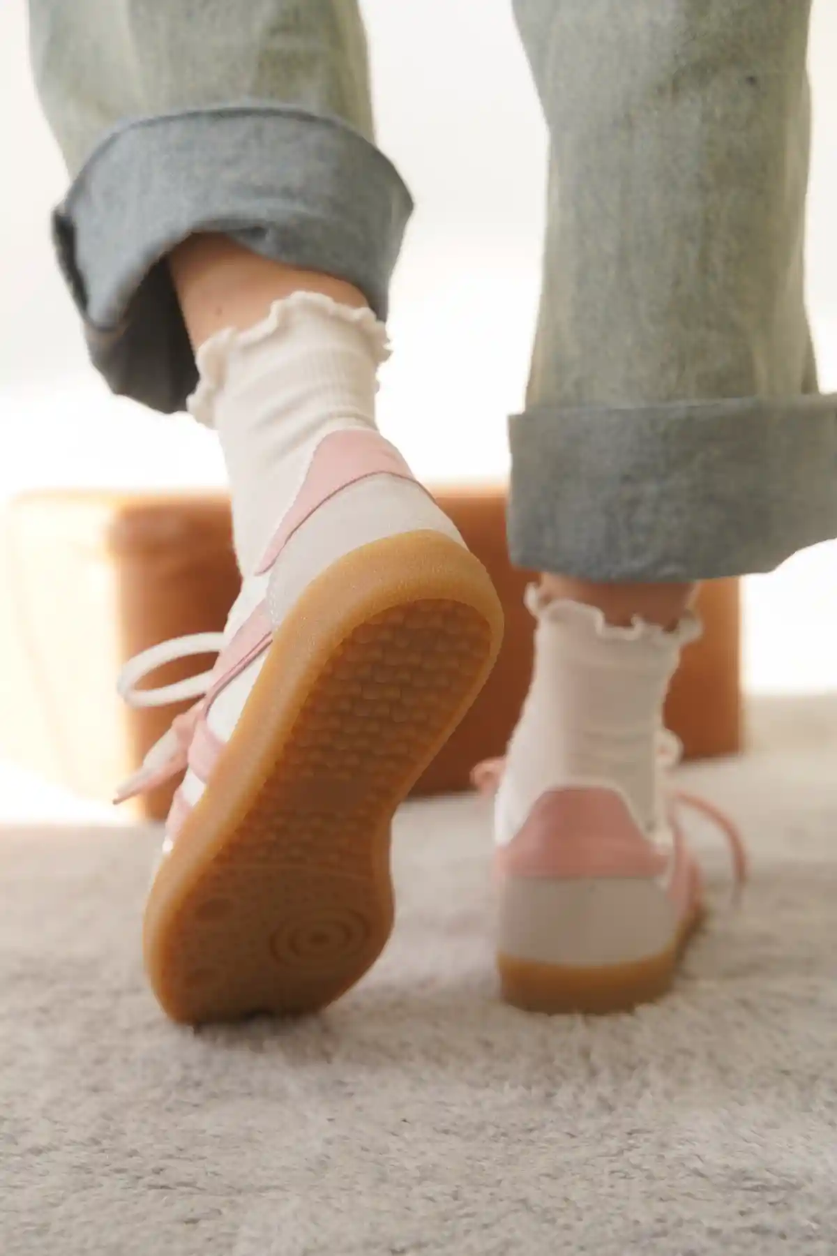 Beyaz-Pudra Kadın Çift Bağcıklı Kaymaz Taban Sneaker Ayakkabı