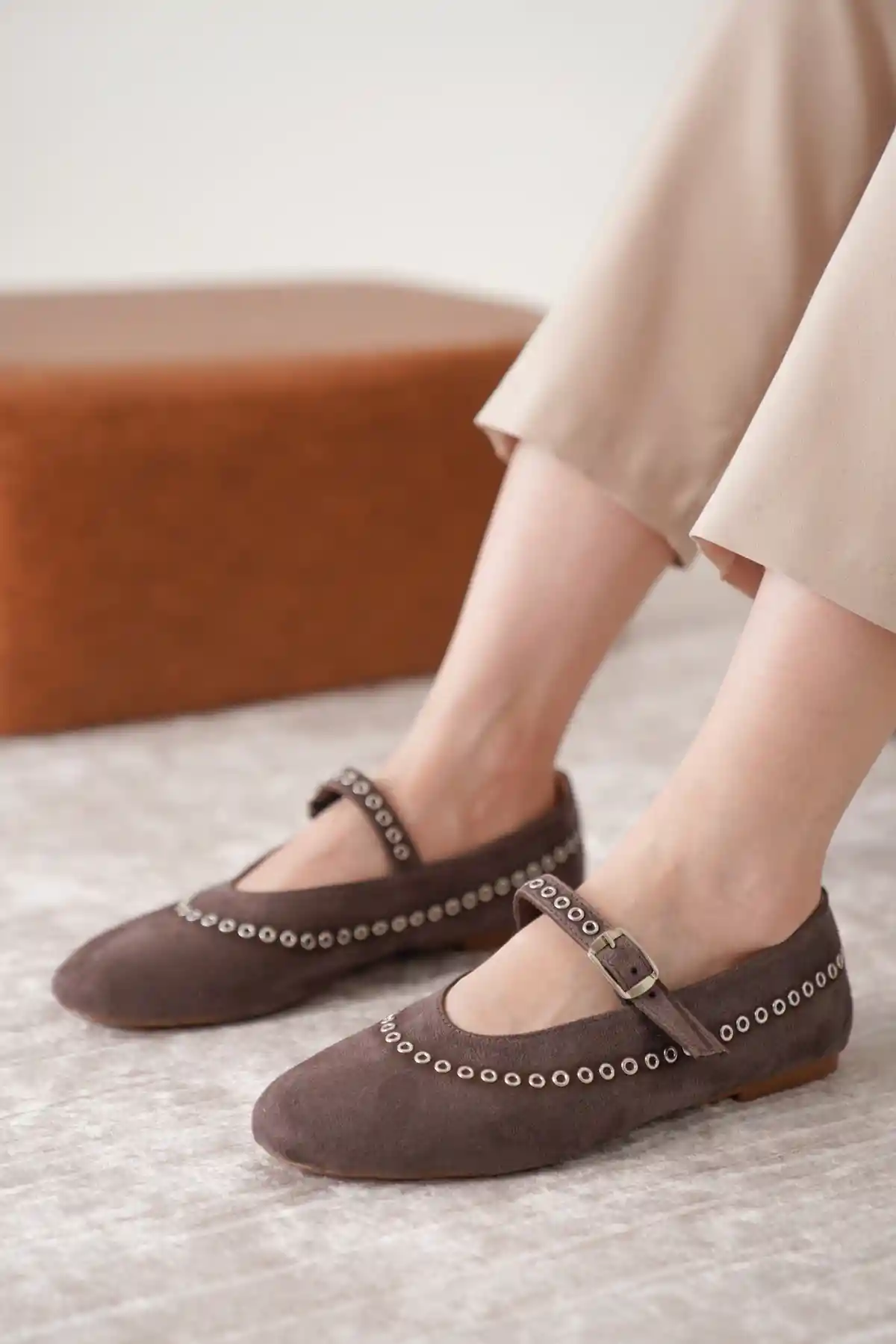 Kahve Süet Kadın Klasik Düz Taban Günlük Şık Babet