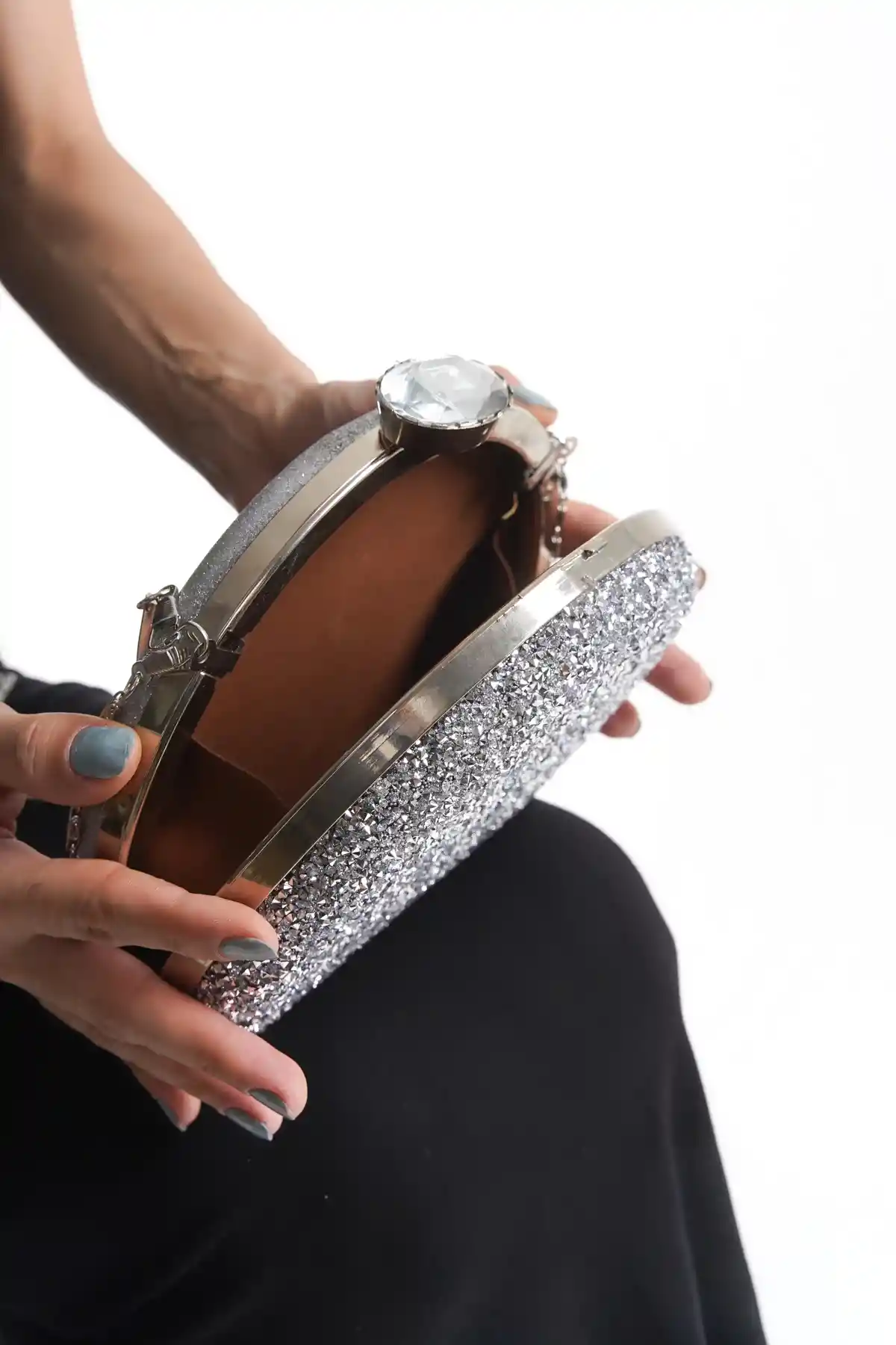 Gümüş Kadın Taşlı Matara Abiye Çanta