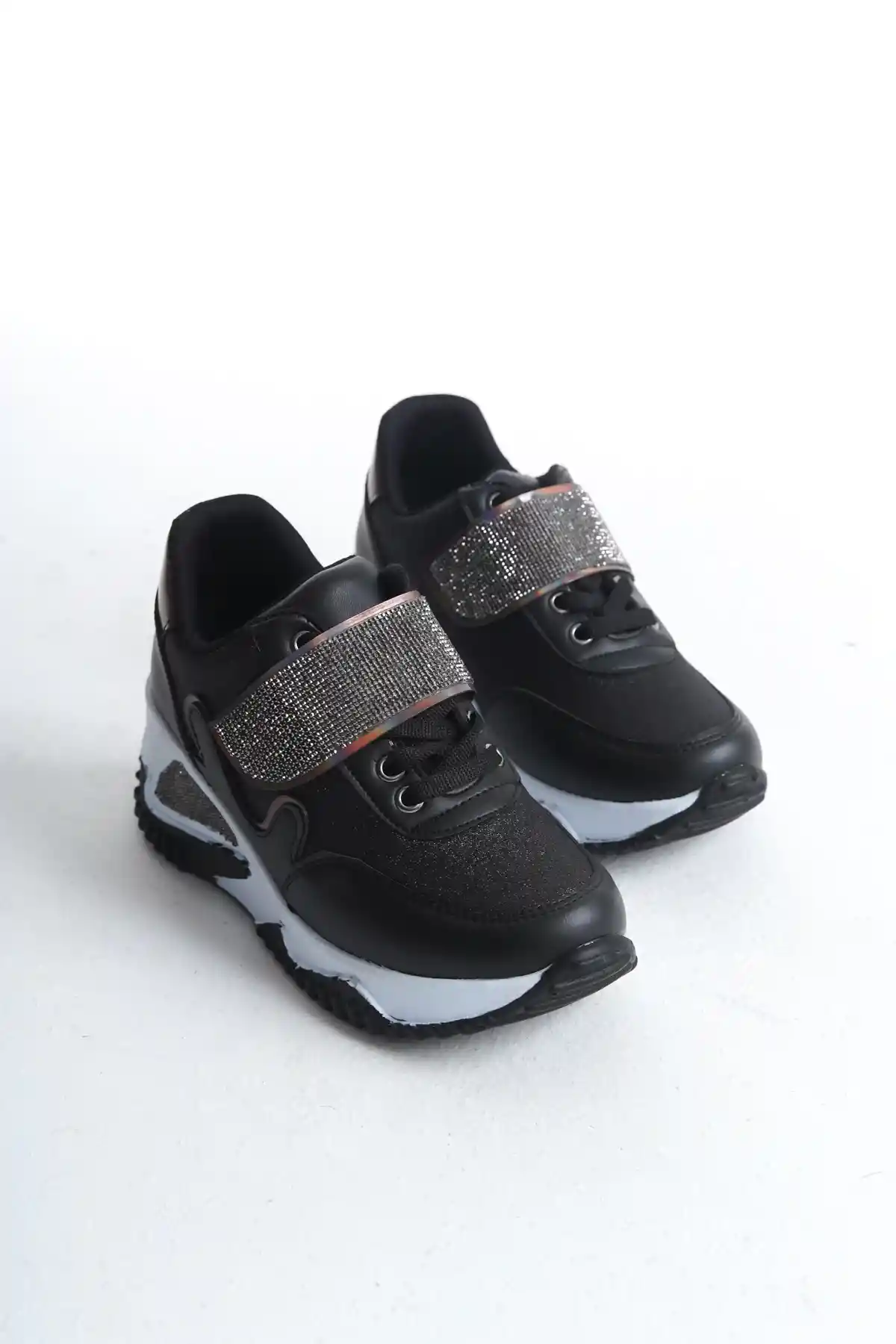 Siyah Simli Kadın Simli Bağcıklı Sneaker