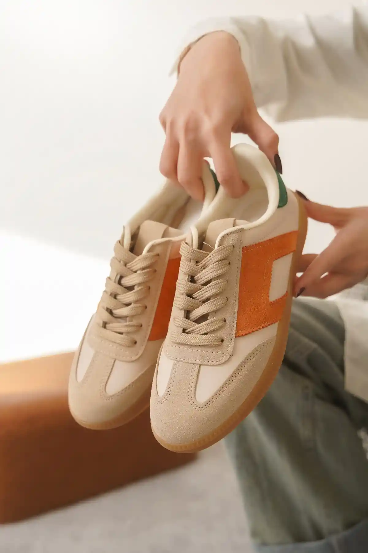 Turuncu-Yeşil Kadın Renk Bloklu Sneaker Ayakkabı