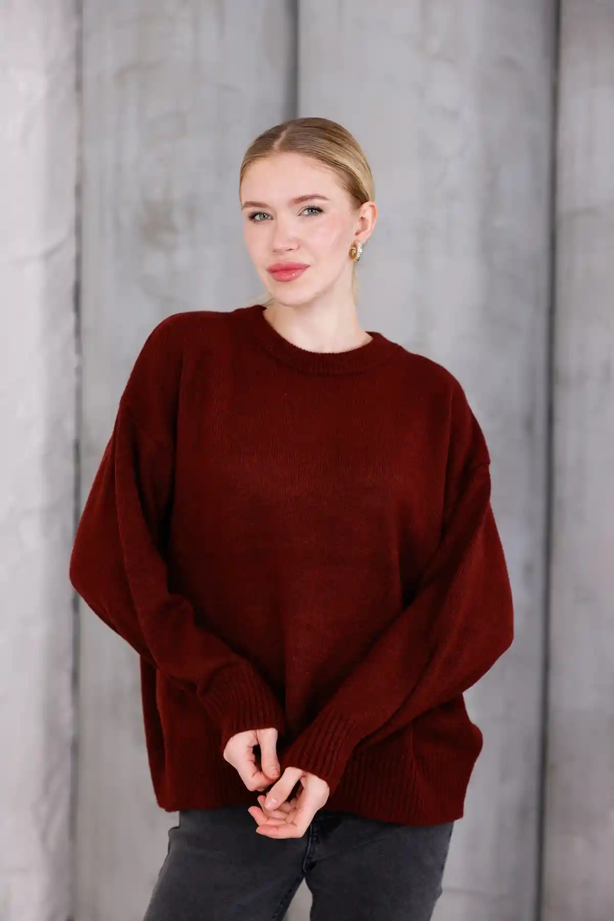 Bordo Bisiklet Yaka Oversize Triko Kazak