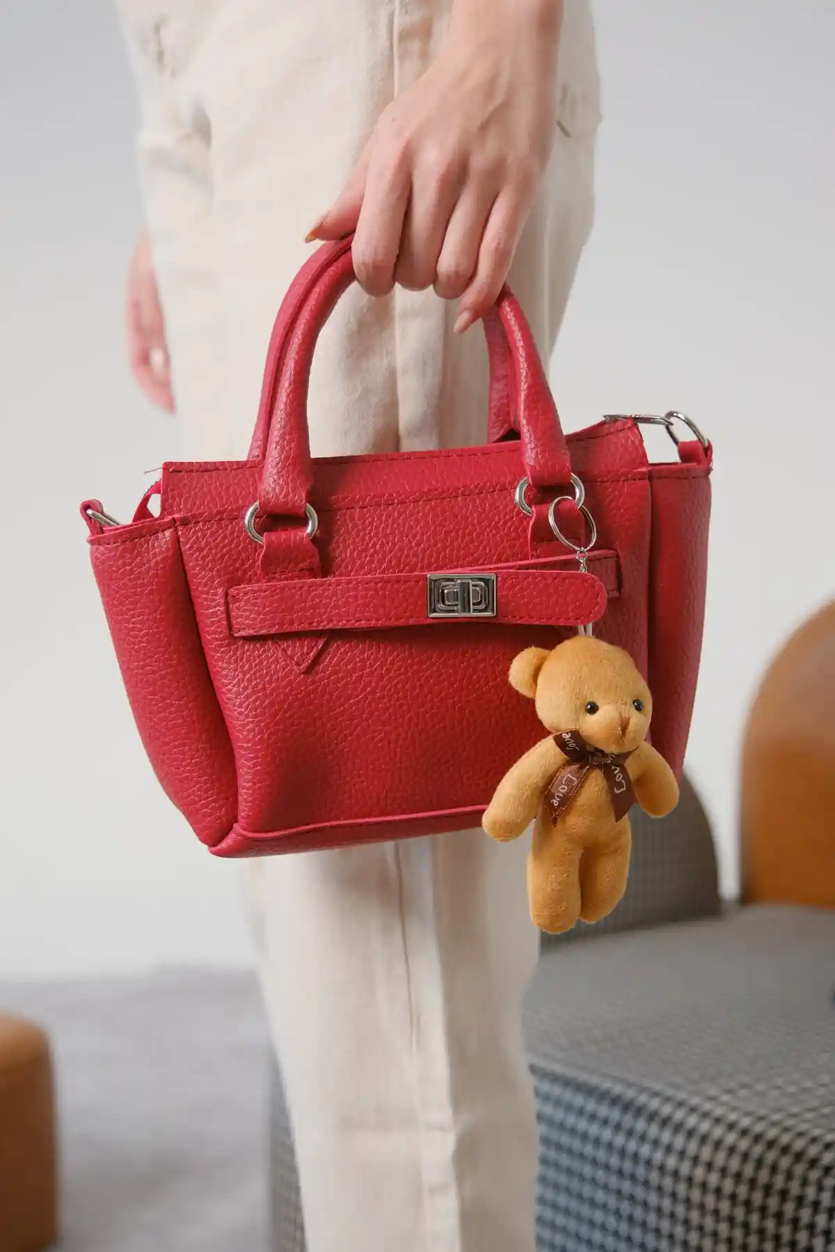 Kırmızı Kadın Ayıcıklı Şık Baget El Ve Omuz Çantası