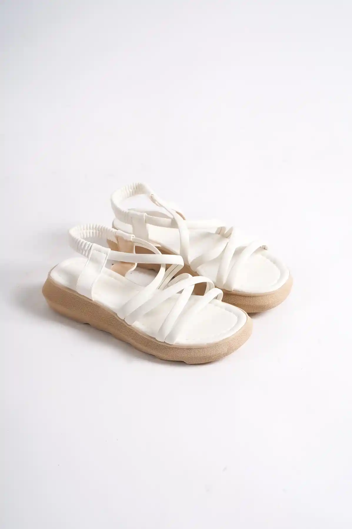 Beige-White Womens Sandal with Cross Elastic