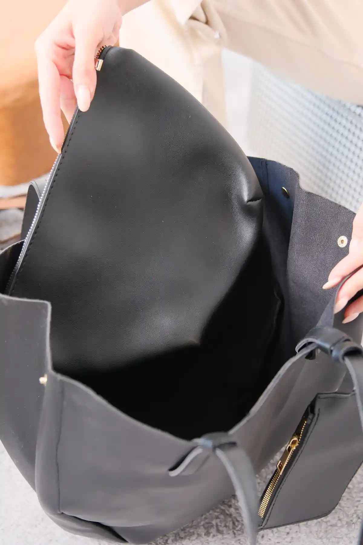 Siyah Cilt Kadın Çanta-Cüzdan-Makyaj Çantası Üçlü Set Çanta