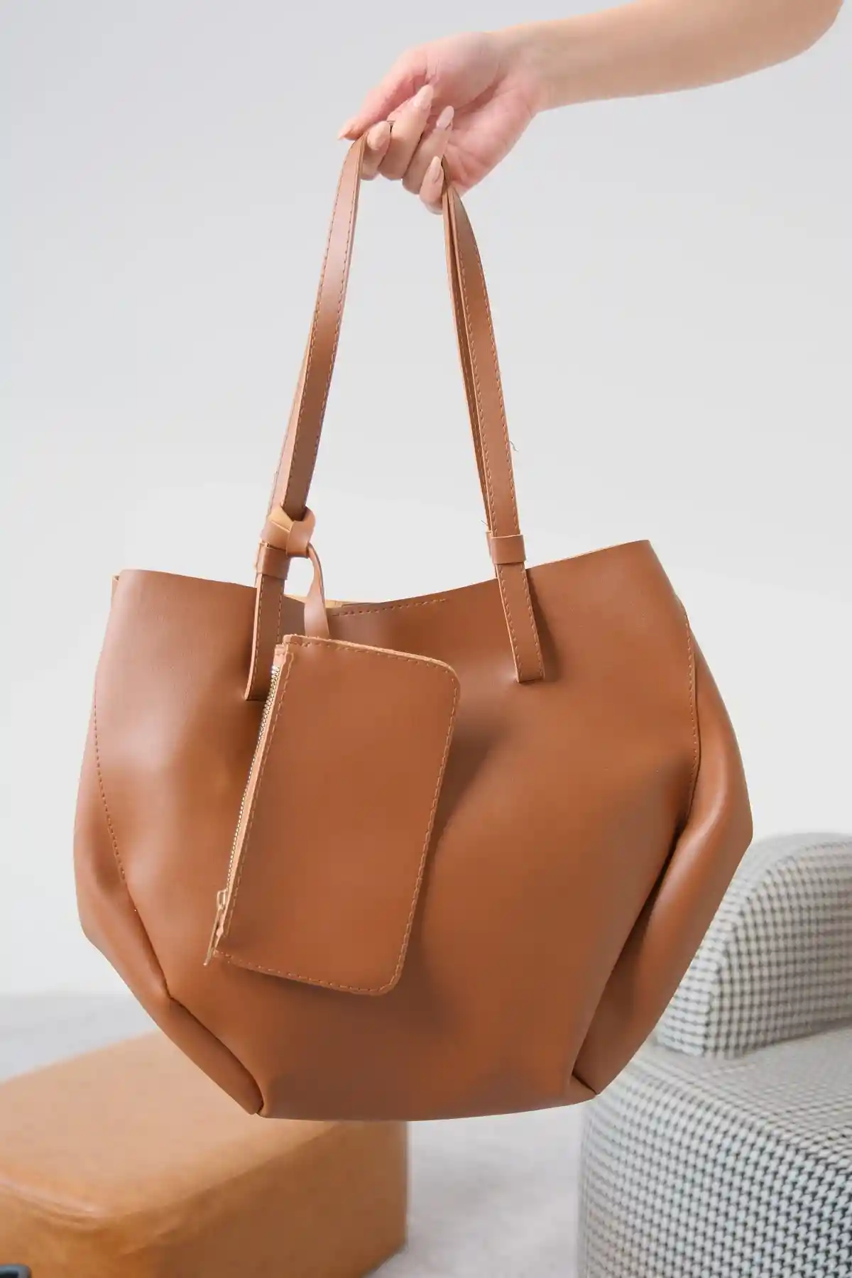 Taba Cilt Kadın Çanta-Cüzdan-Makyaj Çantası Üçlü Set Çanta