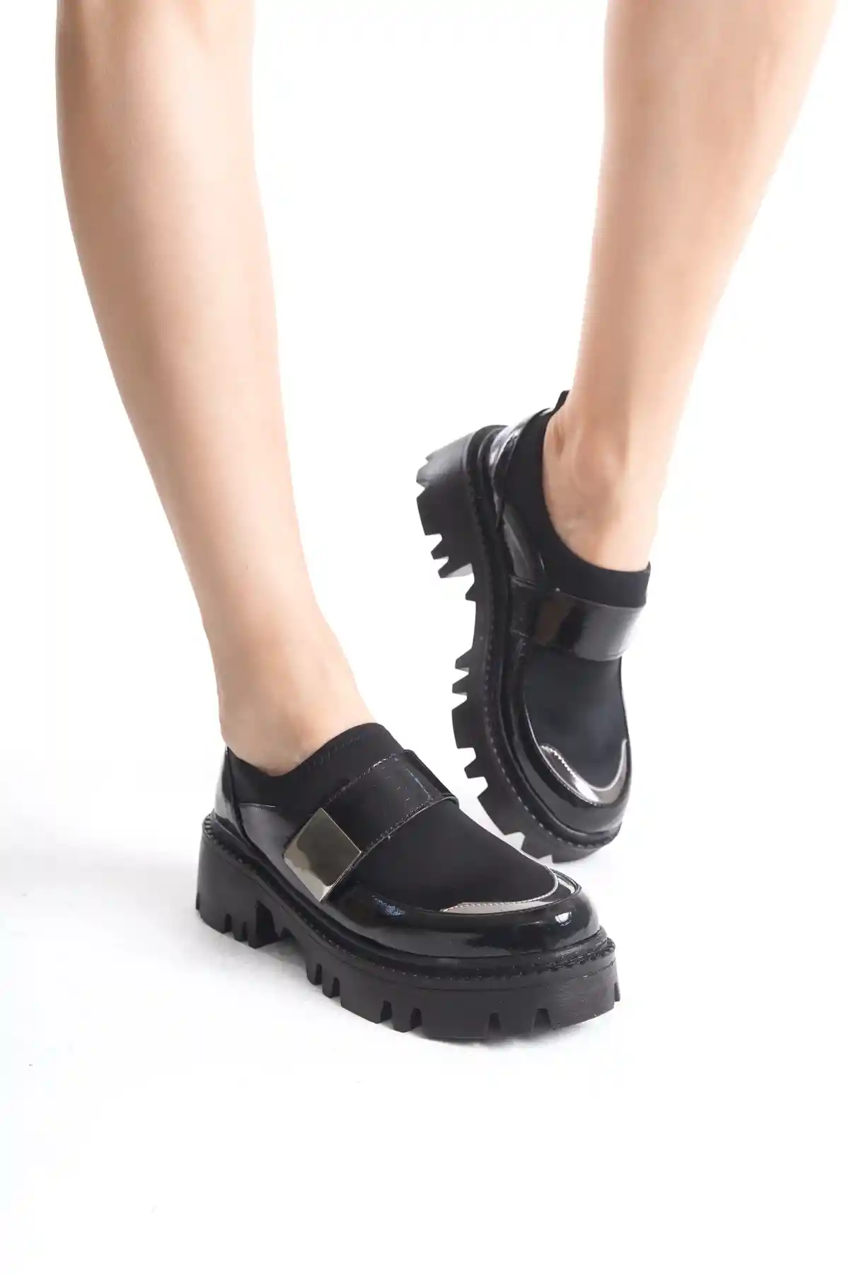 Siyah Kroko Kadın Dalgıç Kumaş Kemerli Kalın Tabanlı Günlük Ayakkabı