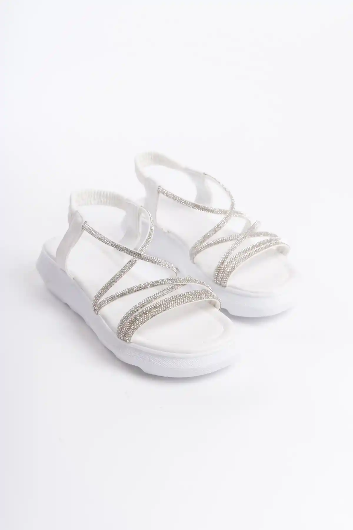 Beyaz-Beyaz Kadın Çapraz Taşlı  Sandalet