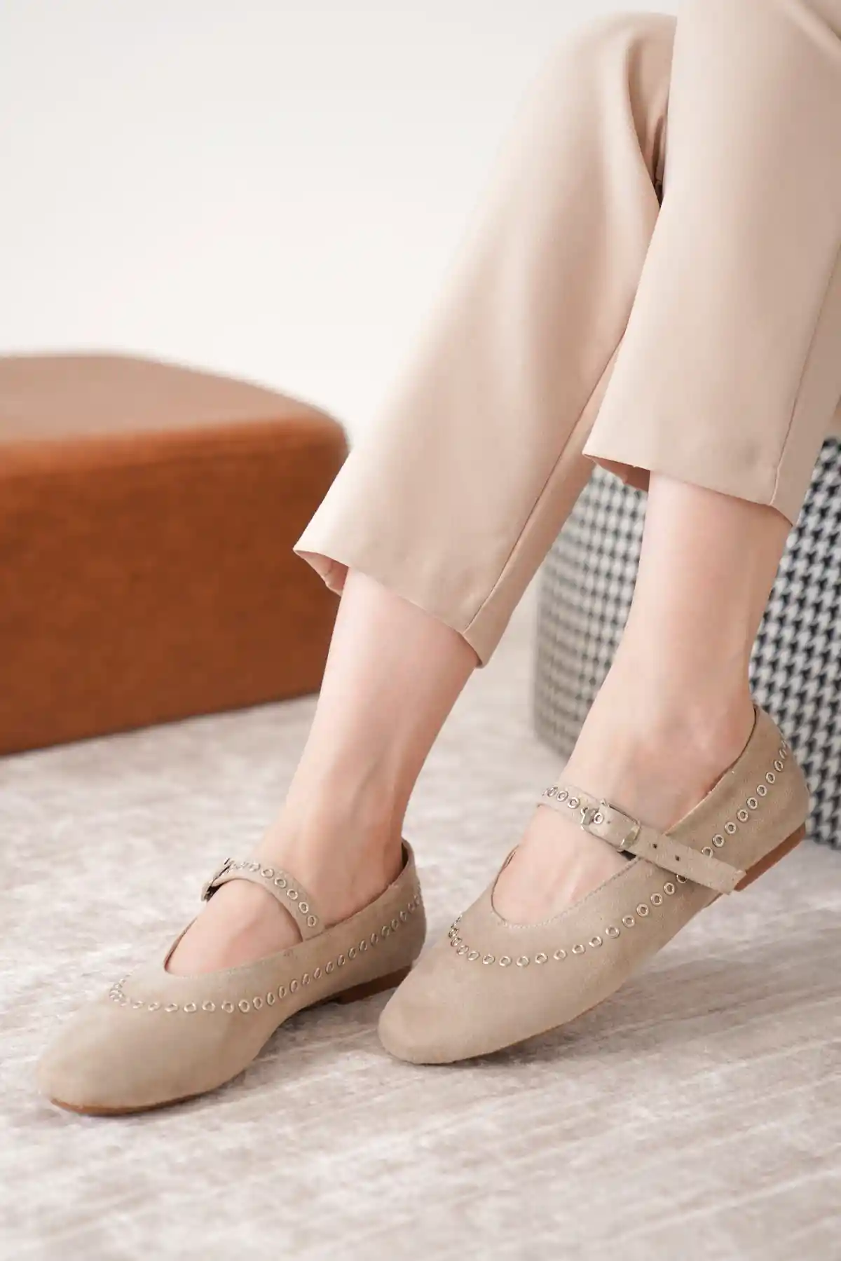 Ten Süet Kadın Klasik Düz Taban Günlük Şık Babet