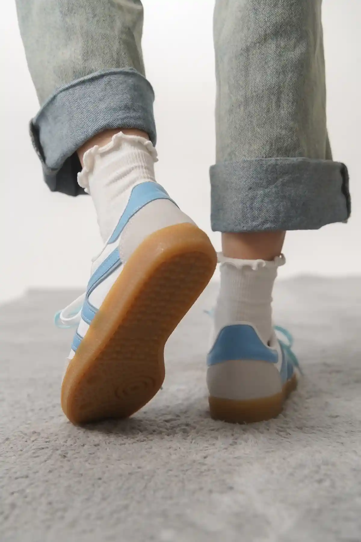 Beyaz-Mavi Kadın Çift Bağcıklı Kaymaz Taban Sneaker Ayakkabı