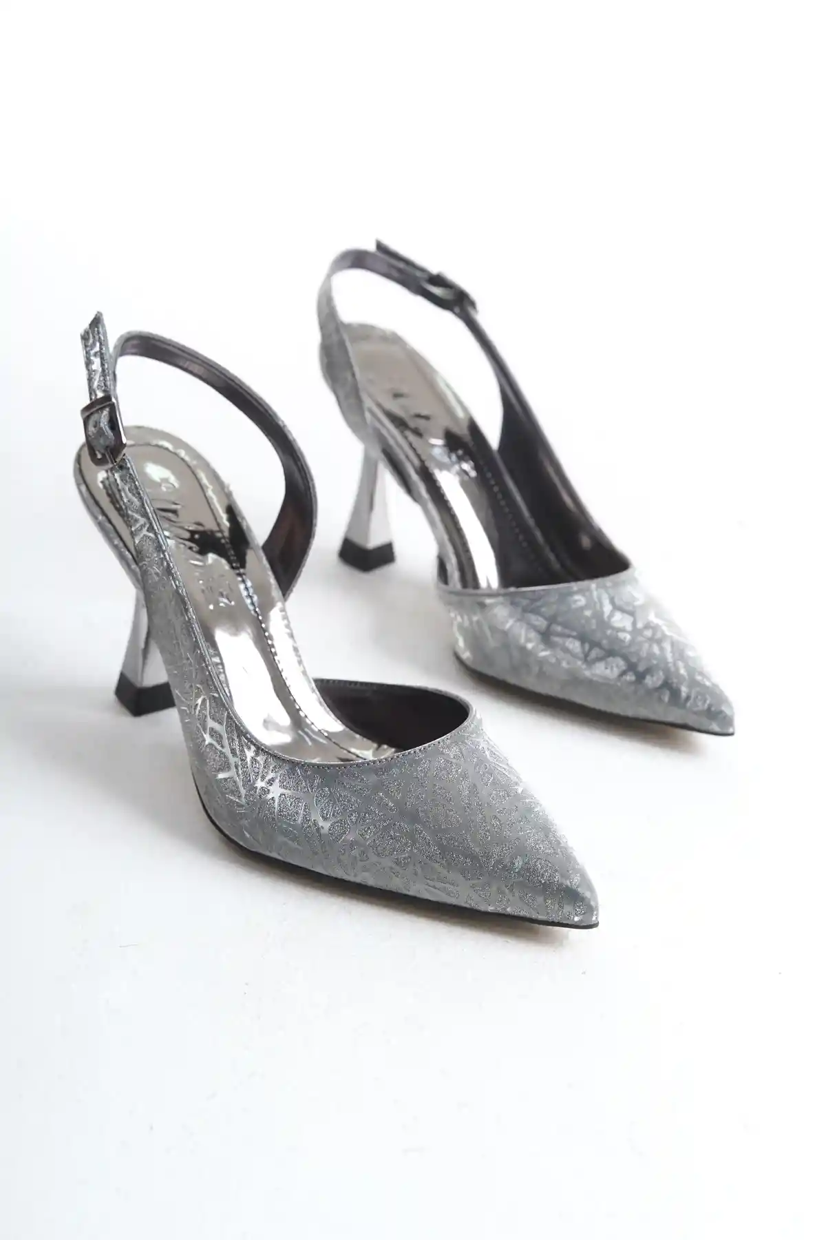 Gümüş Kadın Simli Bilekten Bağlamalı Şık Abiye Klasik İnce Topuklu Ayakkabı