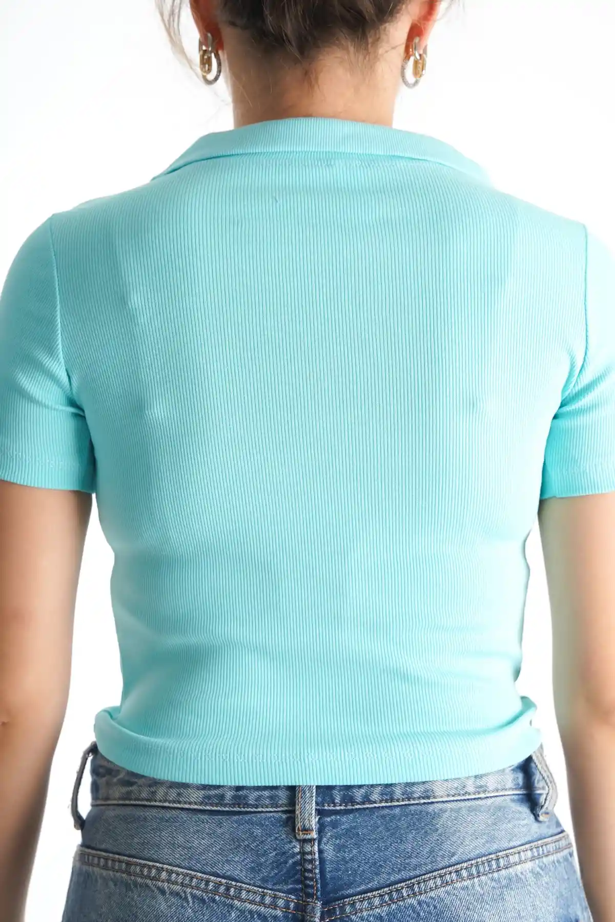 Aqua Green Womens Polo Neck Ribbed T-Shirt