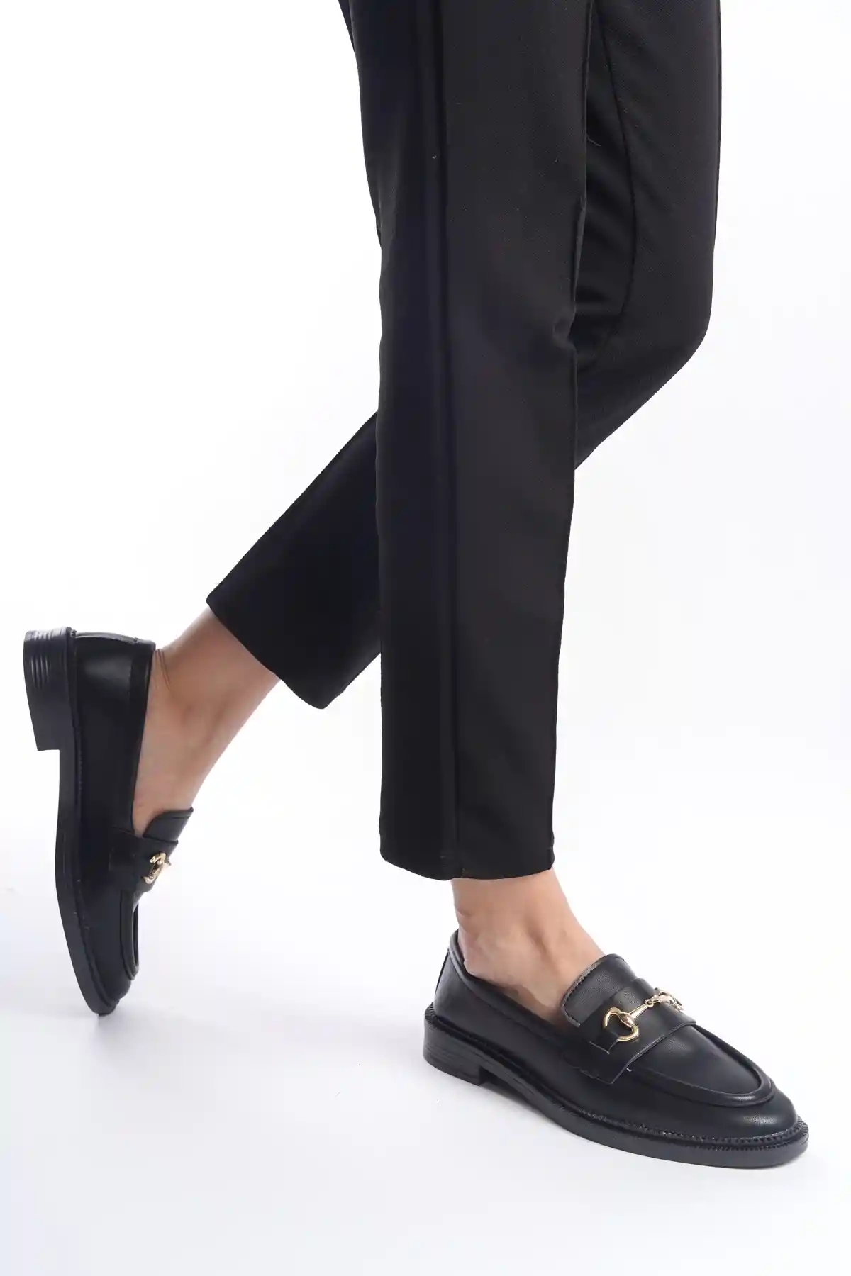 Black Leather Womens Buckled Loafer Casual Shoes