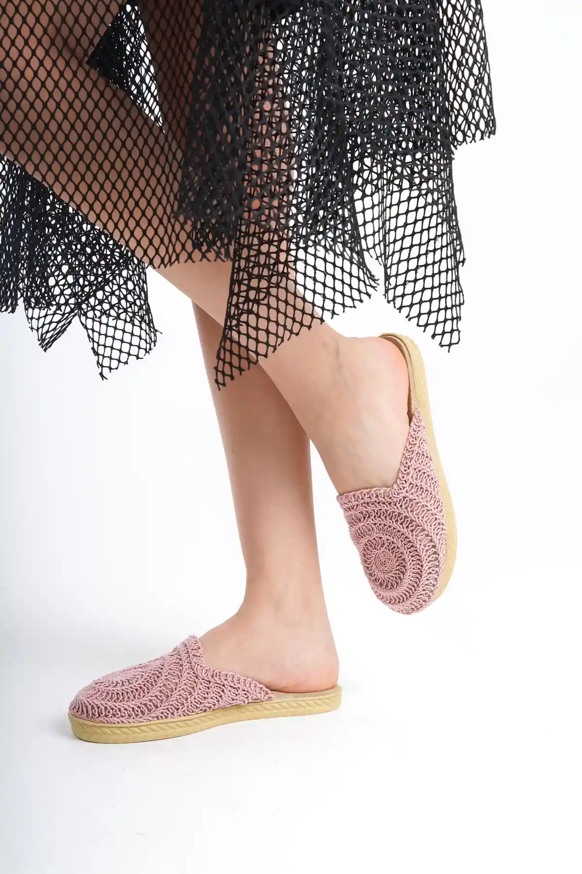Pudra Kadın Dantelli Örgü Terlik