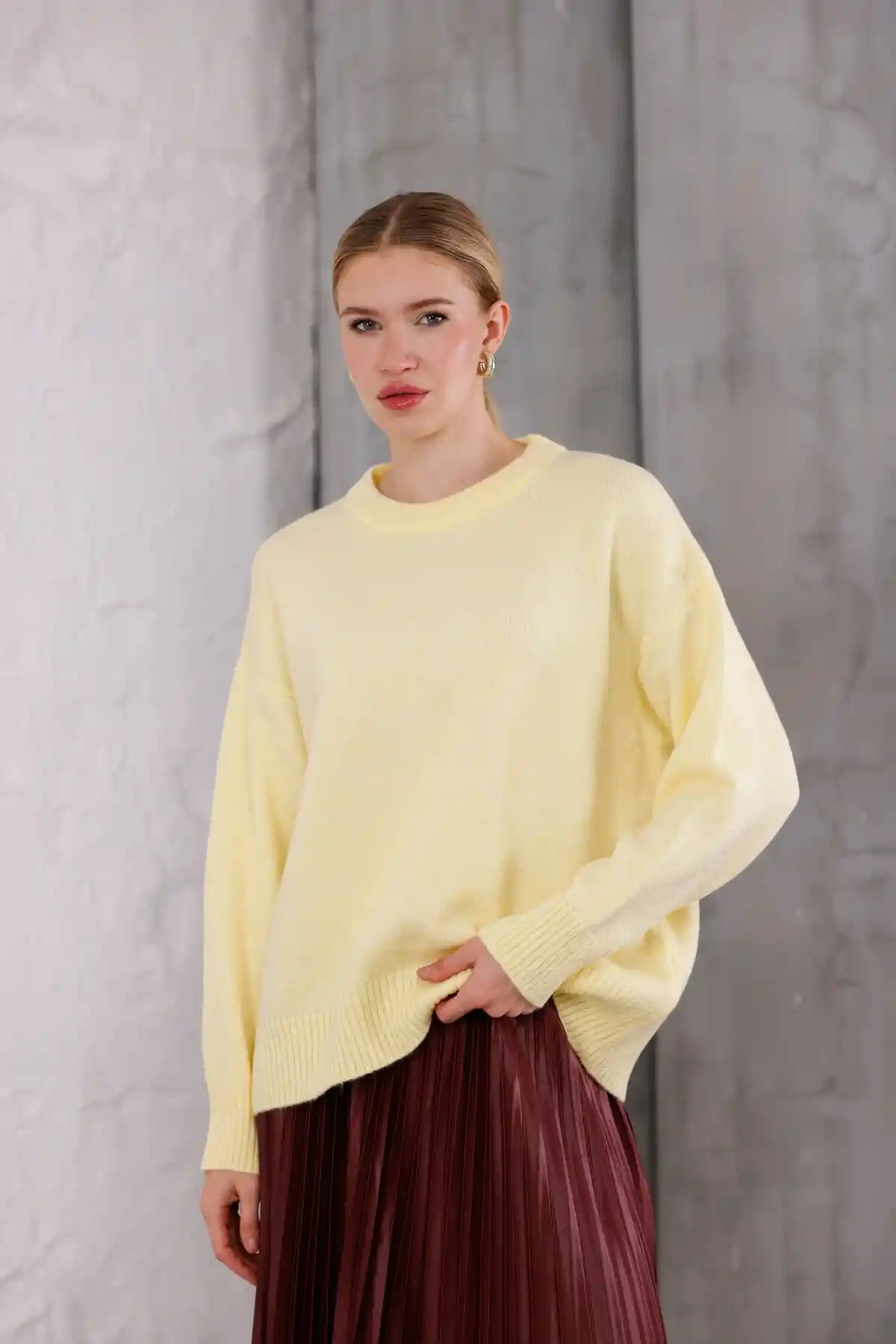 Sarı Bisiklet Yaka Oversize Triko Kazak