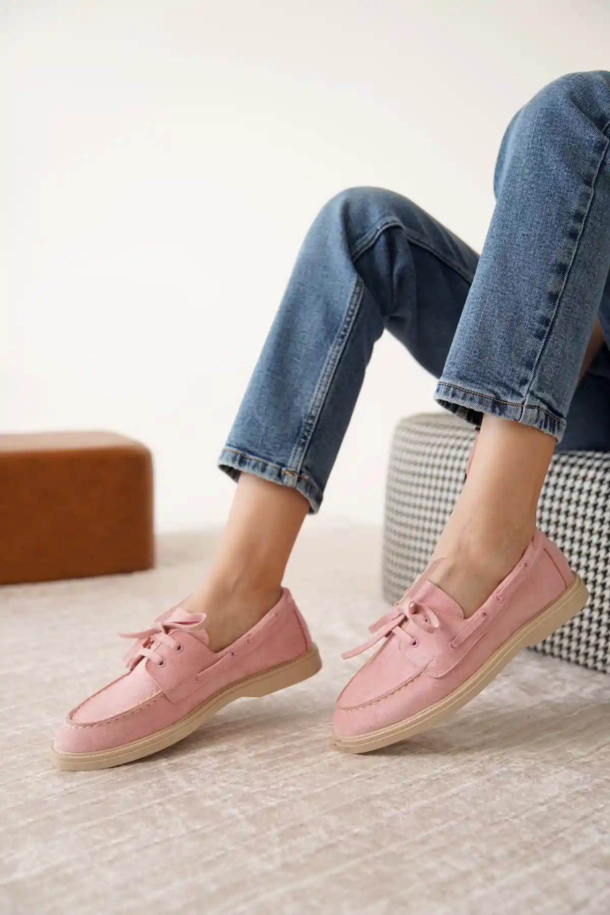 Pembe Süet Kadın Düz Bağcıklı Loafer Ayakkabı