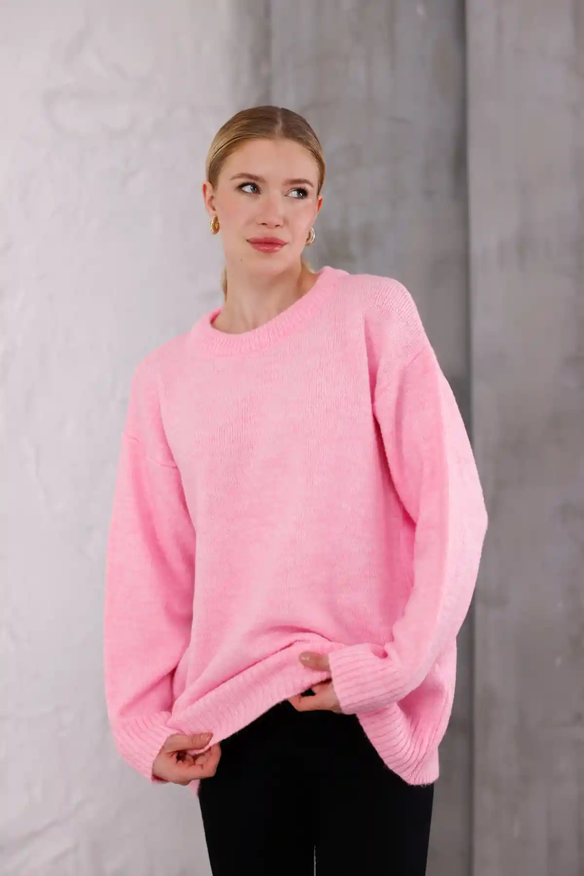 Pembe Bisiklet Yaka Oversize Triko Kazak