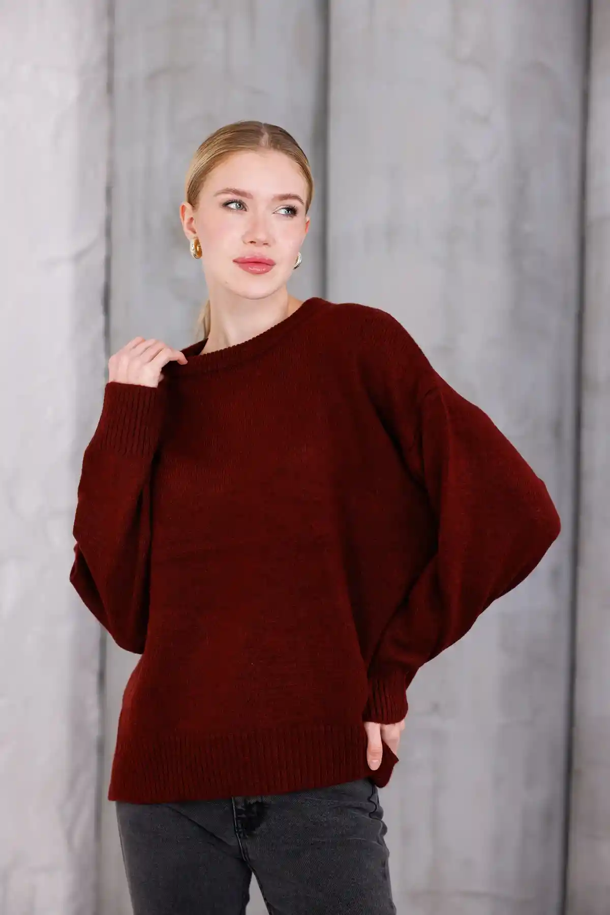 Bordo Bisiklet Yaka Oversize Triko Kazak