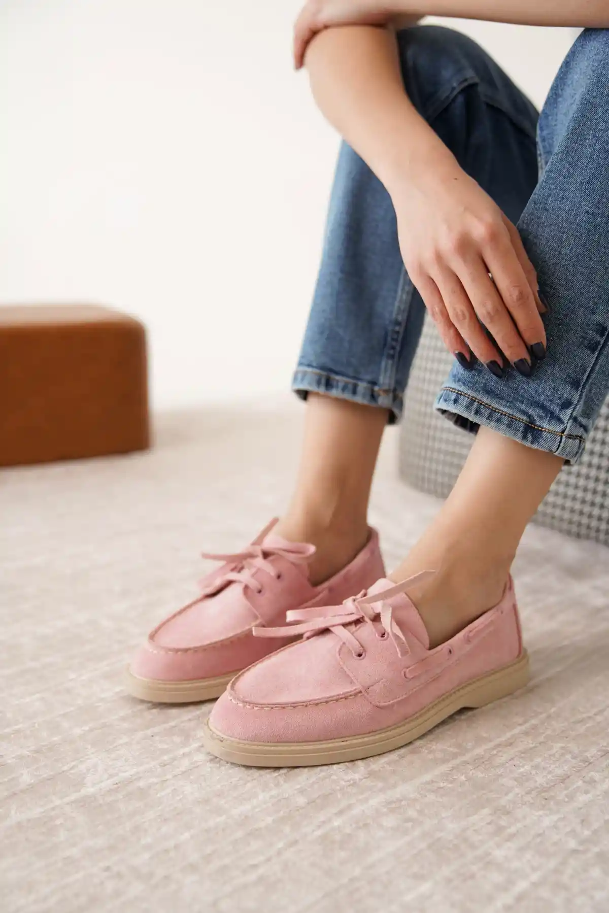 Pembe Süet Kadın Düz Bağcıklı Loafer Ayakkabı