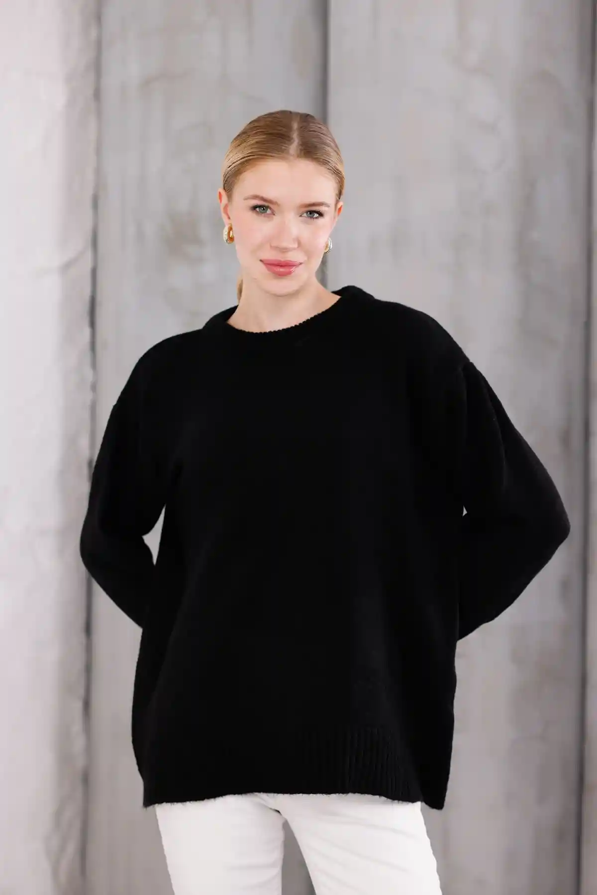 Siyah Bisiklet Yaka Oversize Triko Kazak